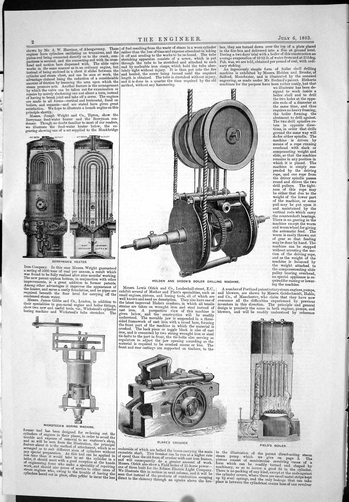 Antique Print 1883 Hen Brook Boiler Machine Field Blake Wicksteed Berryman 19th