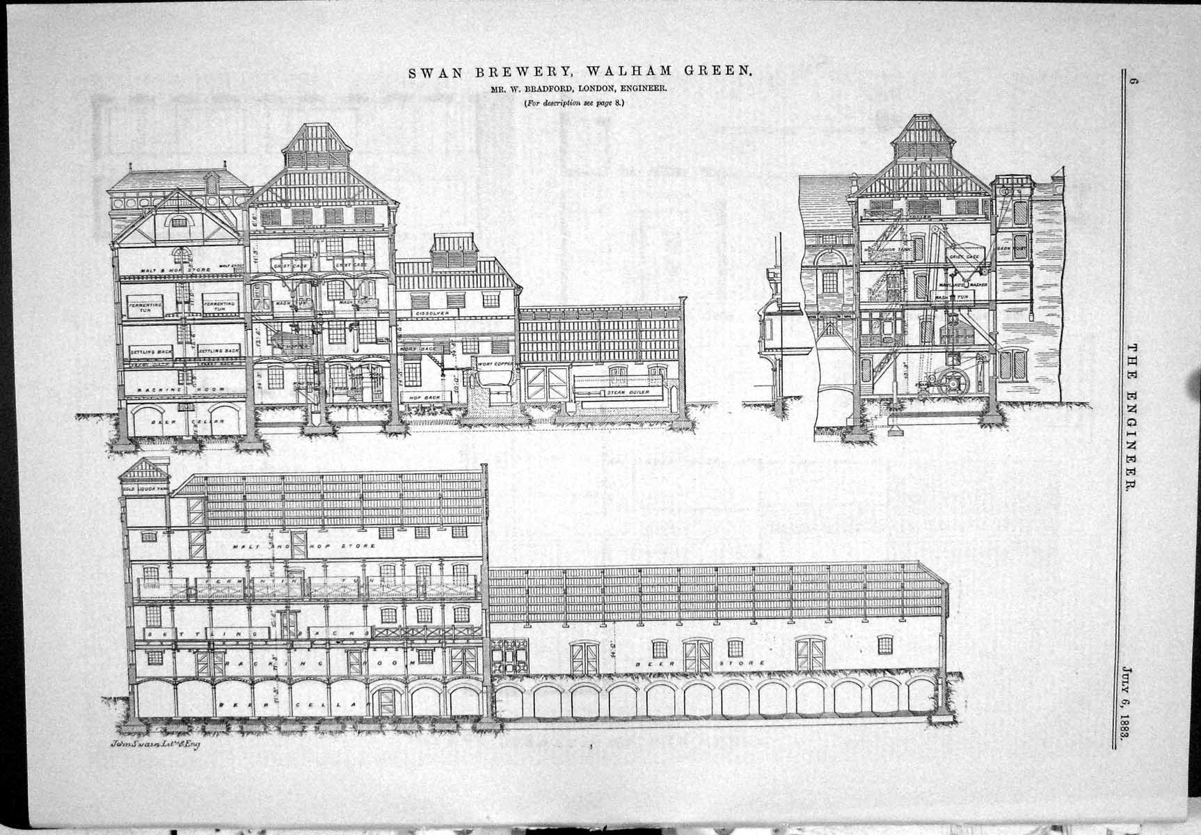 Antique Old Print 1883 Swan Brewery Walham Green Bradford Plan Chimney Shaft