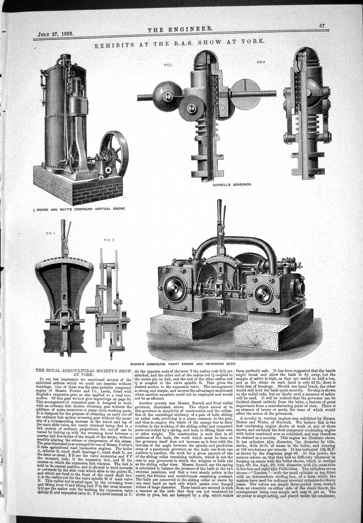 Old Print R.A.S. York 1883 Riches Watt Burrell Shank Yacht Engine Catley 19th