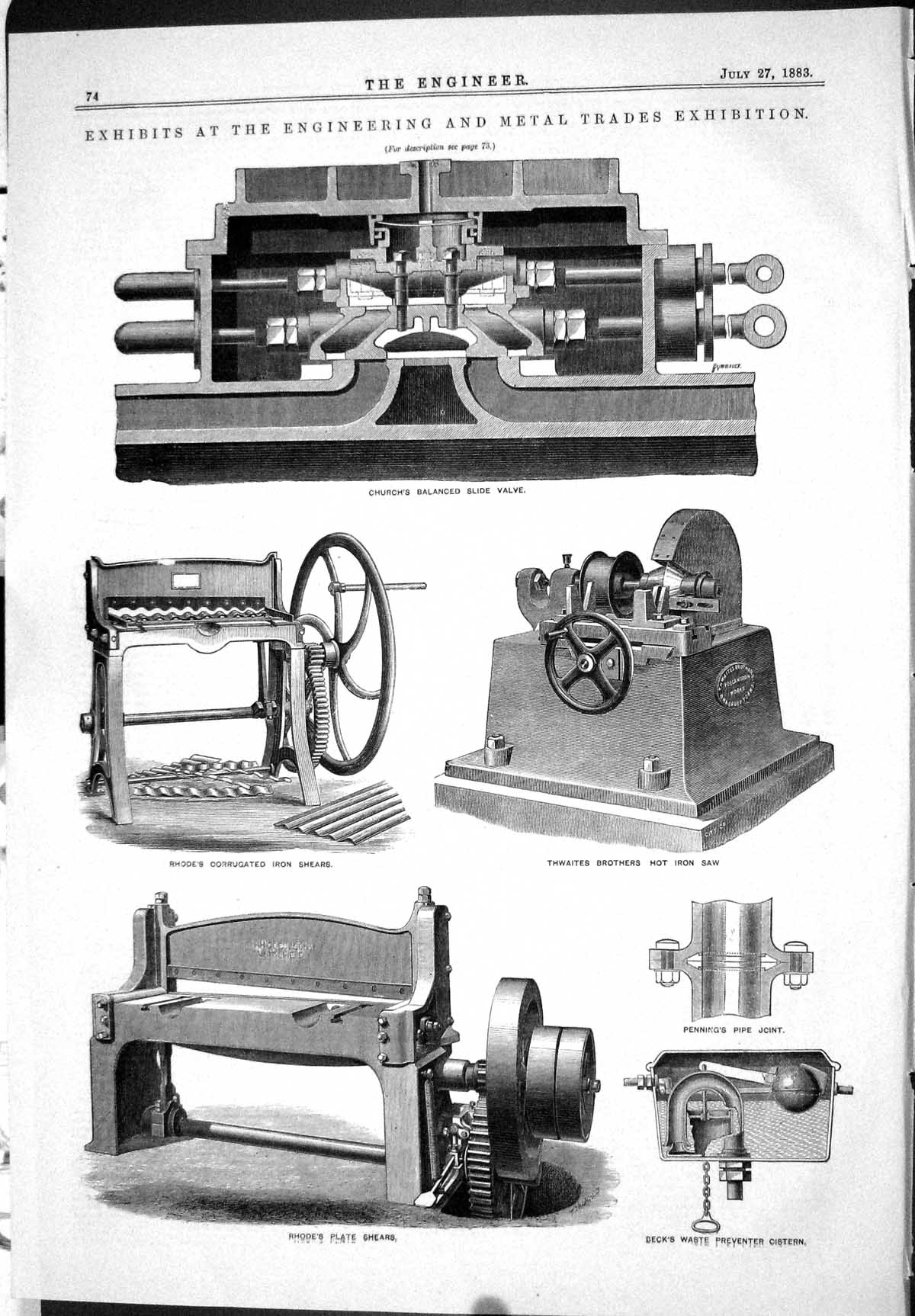 Old Print 1883 Exhibits Metal Trades Machinery Church Rhode Thwaites Beck 19th