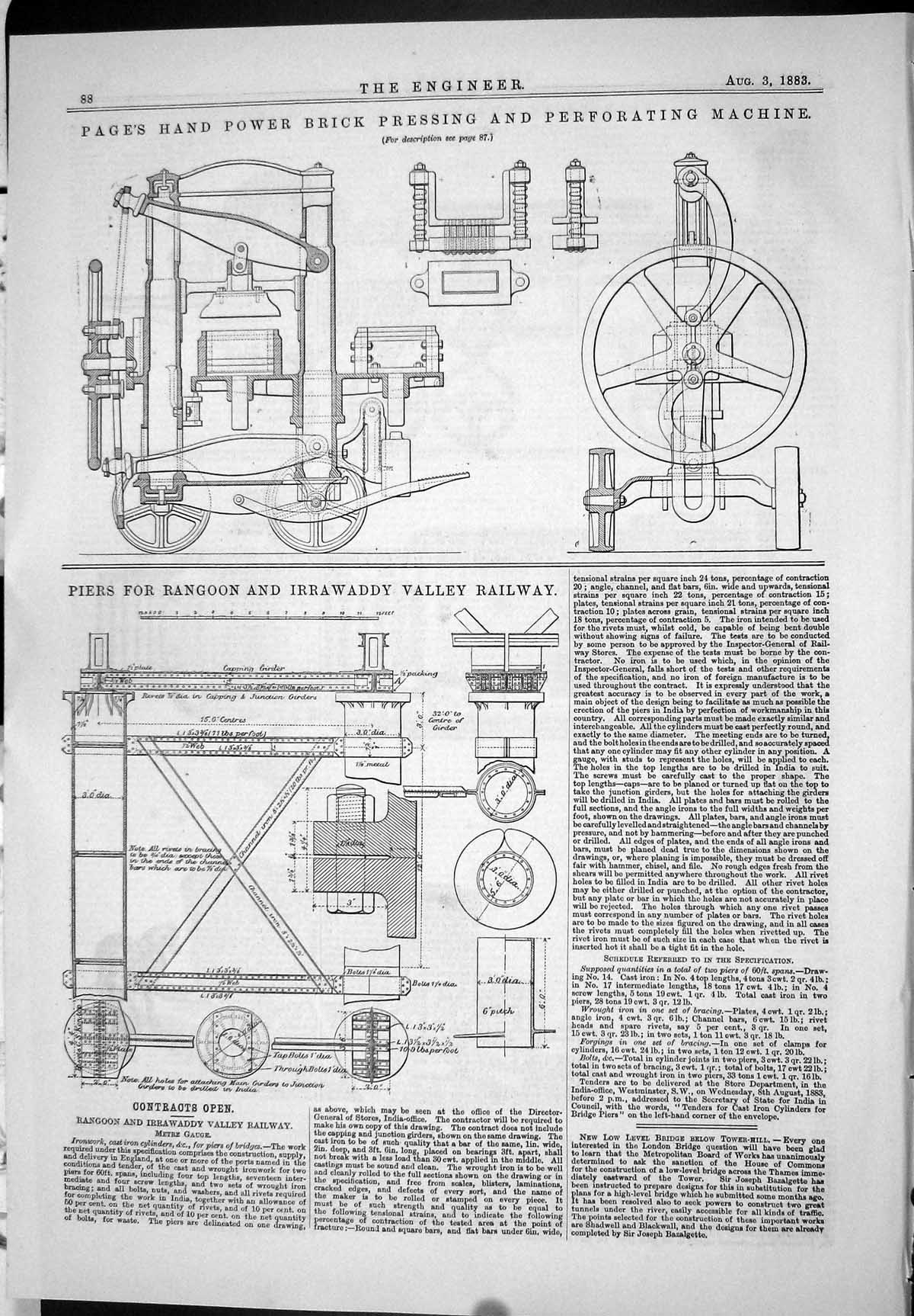Antique Old Print 1883 Page Hand Power Brick Pressing Machine Piers Irrawaddy