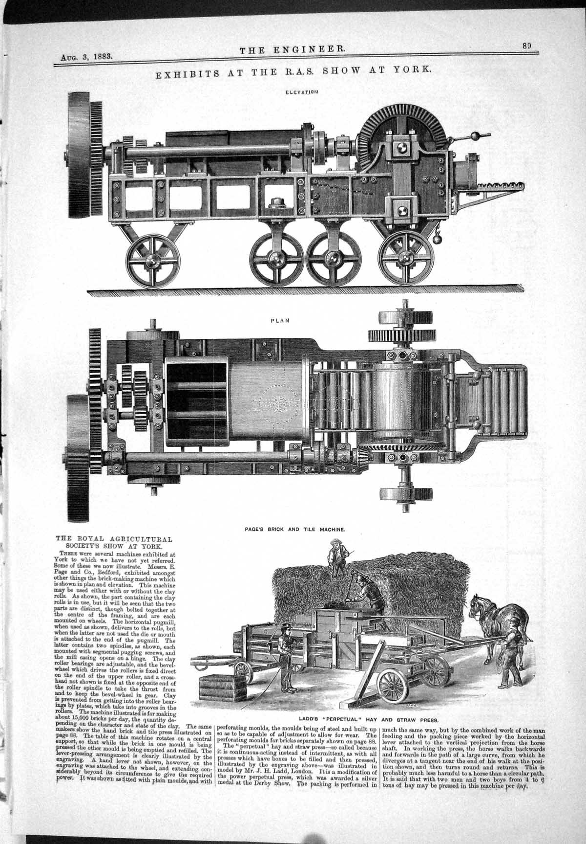 Antique Print 1883 Exhibits R.A.S. Show York Ladd Perpetual Hay Straw Press