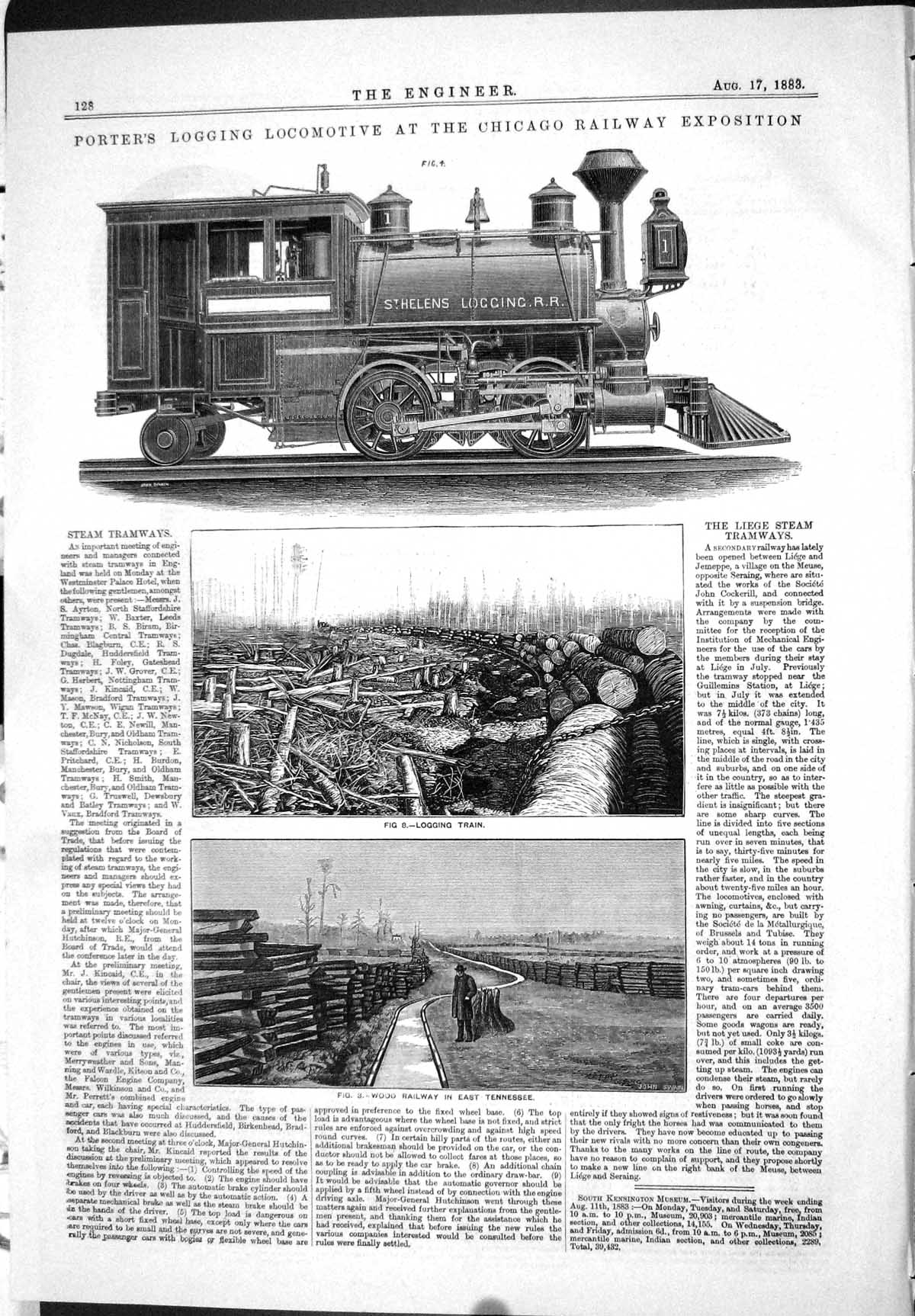 Old Print 1883 Porter Logging Locomotive Chicago Railway Train Tennessee 19th