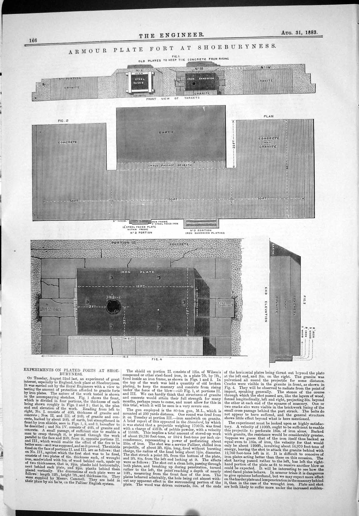 Antique Old Print Armour Plate Fort Shoeburyness Experiments Engineering 1883