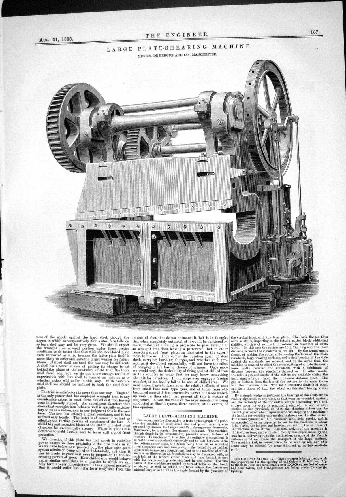 Old Engineering 1883 Large Plate-Shearing Machine De Bergue Mancheste Victorian