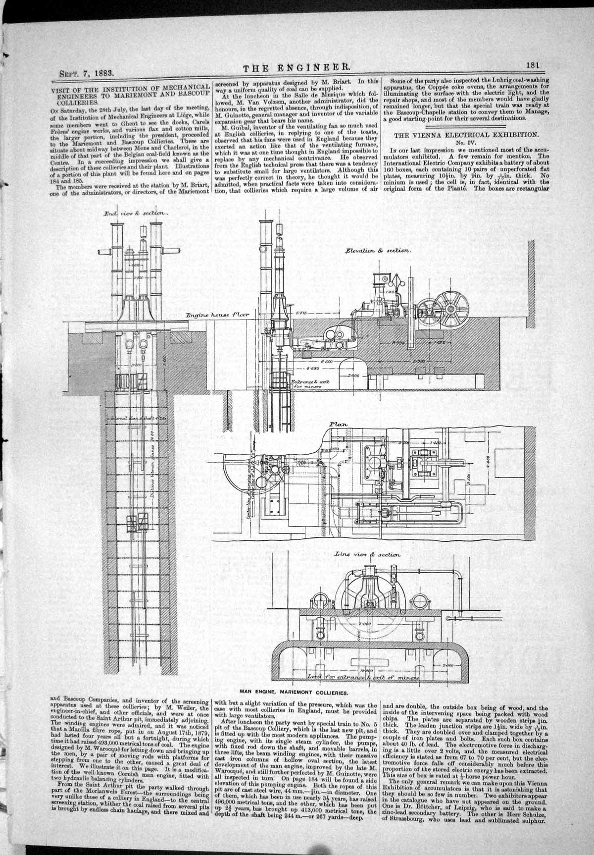 Old Engineering 1883 Man Engine Mariemont Collieries Machinery Diagra Victorian