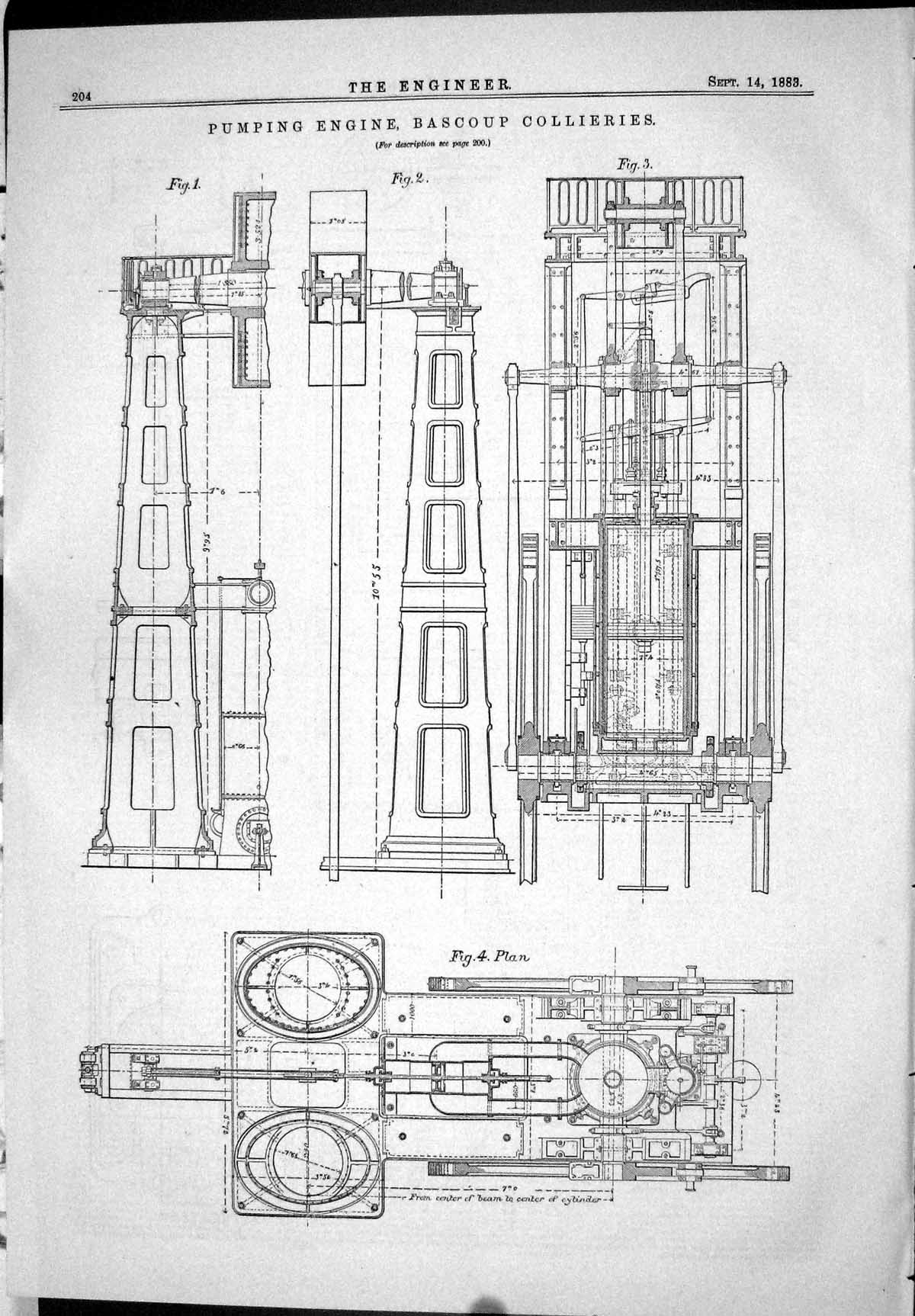 Old Print *6034 Pumping Engine Bascoup Collieries 1883 Machinery Diagrams