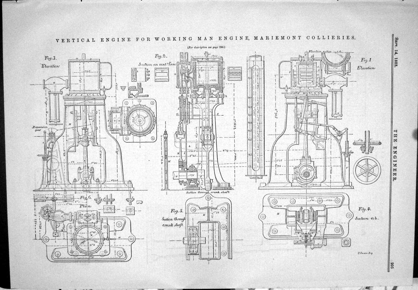 Antique Old Print 1883 Vertical Engine Working Man Engine Mariemont Colliery
