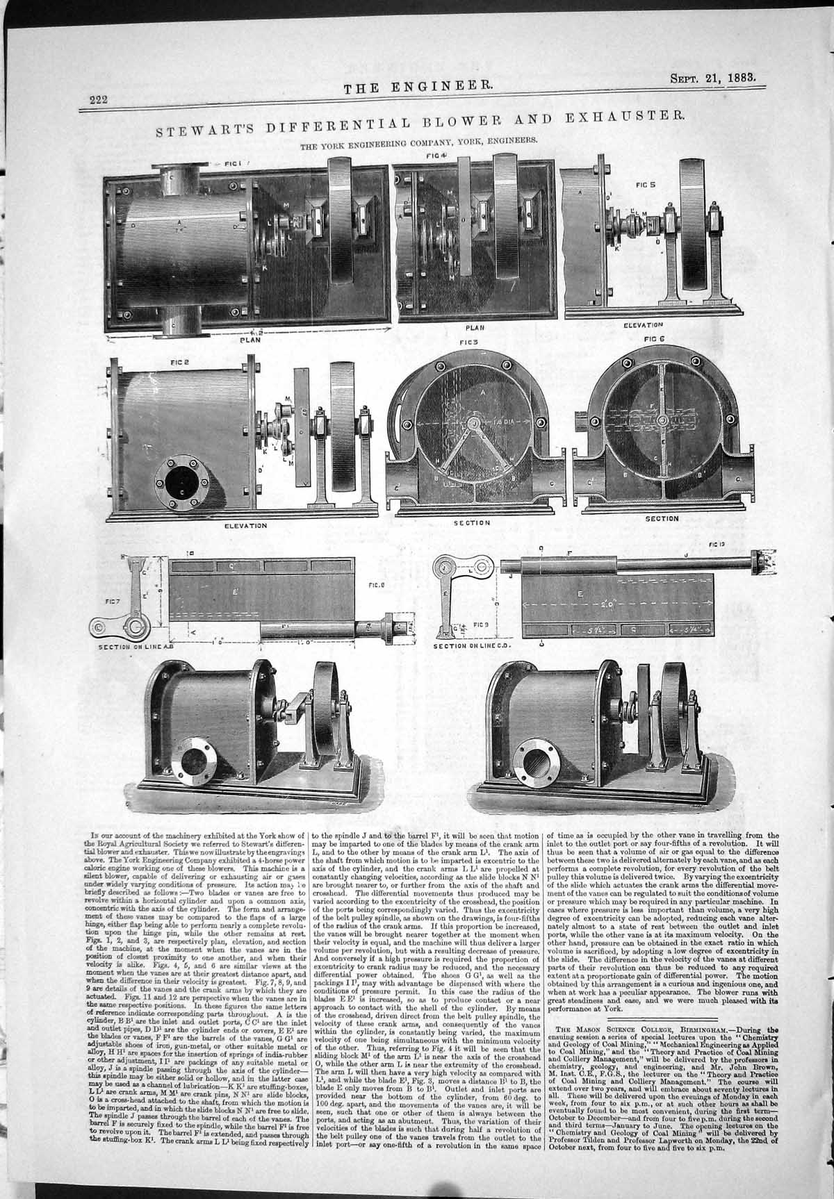 Old Engineering 1883 Stewart Differential Blower Exhauster York Machi Victorian