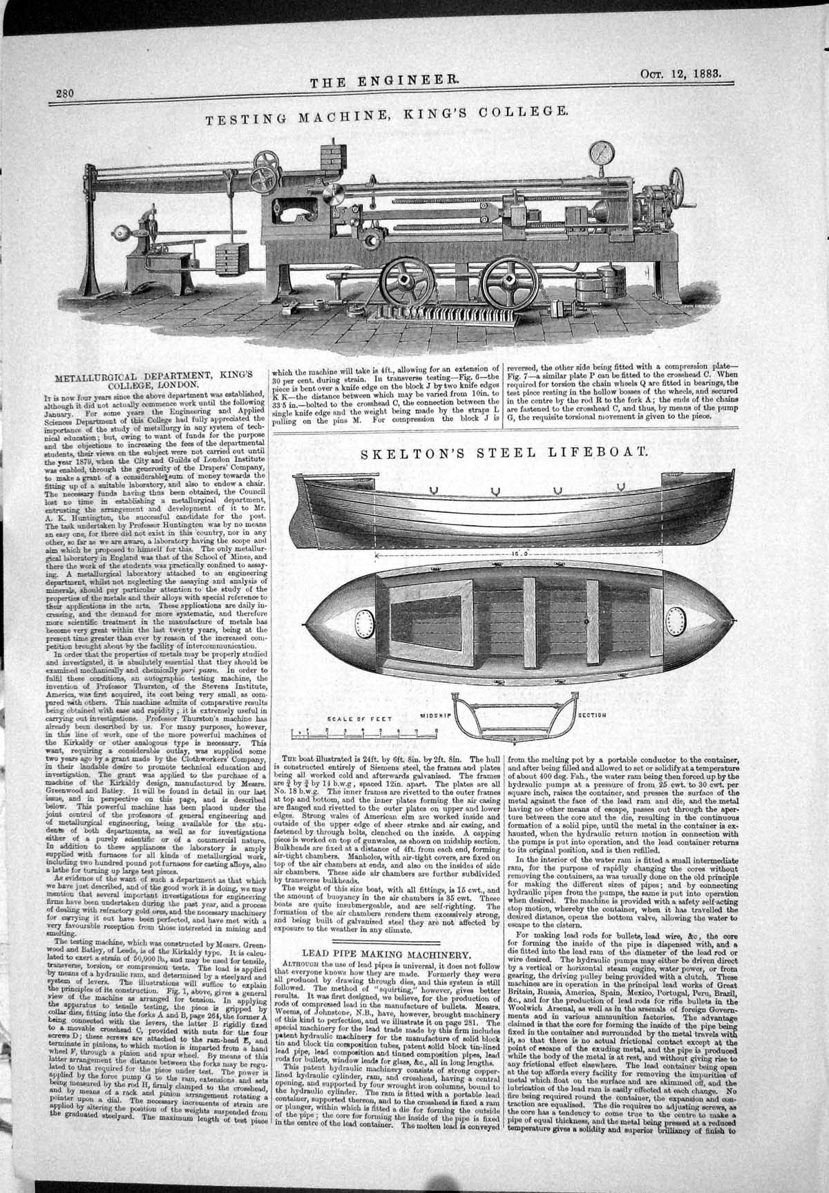 Antique Old Print 1883 Testing Machine King'S College Skelton Steel Lifeboat