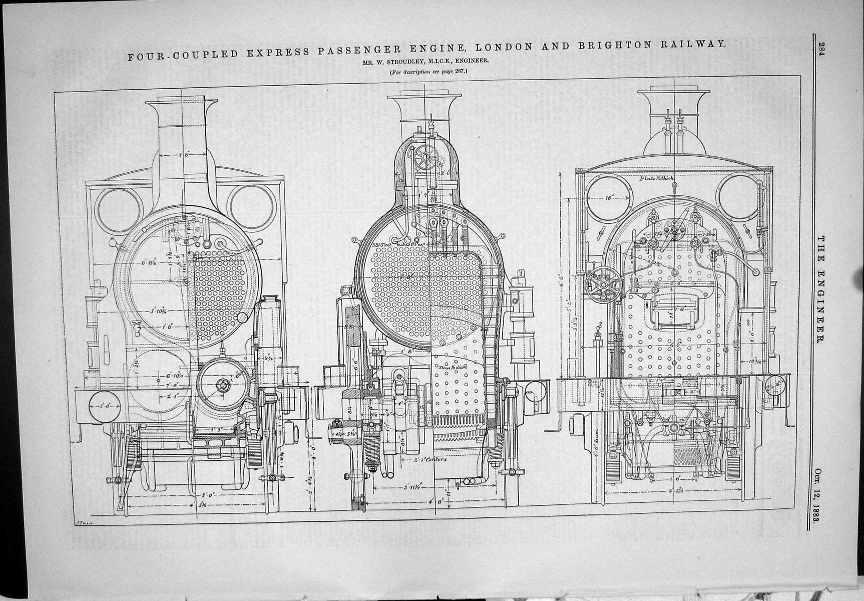 Antique Old Print 1883 Four-Coupled Express Passenger Engine Train Stroudley