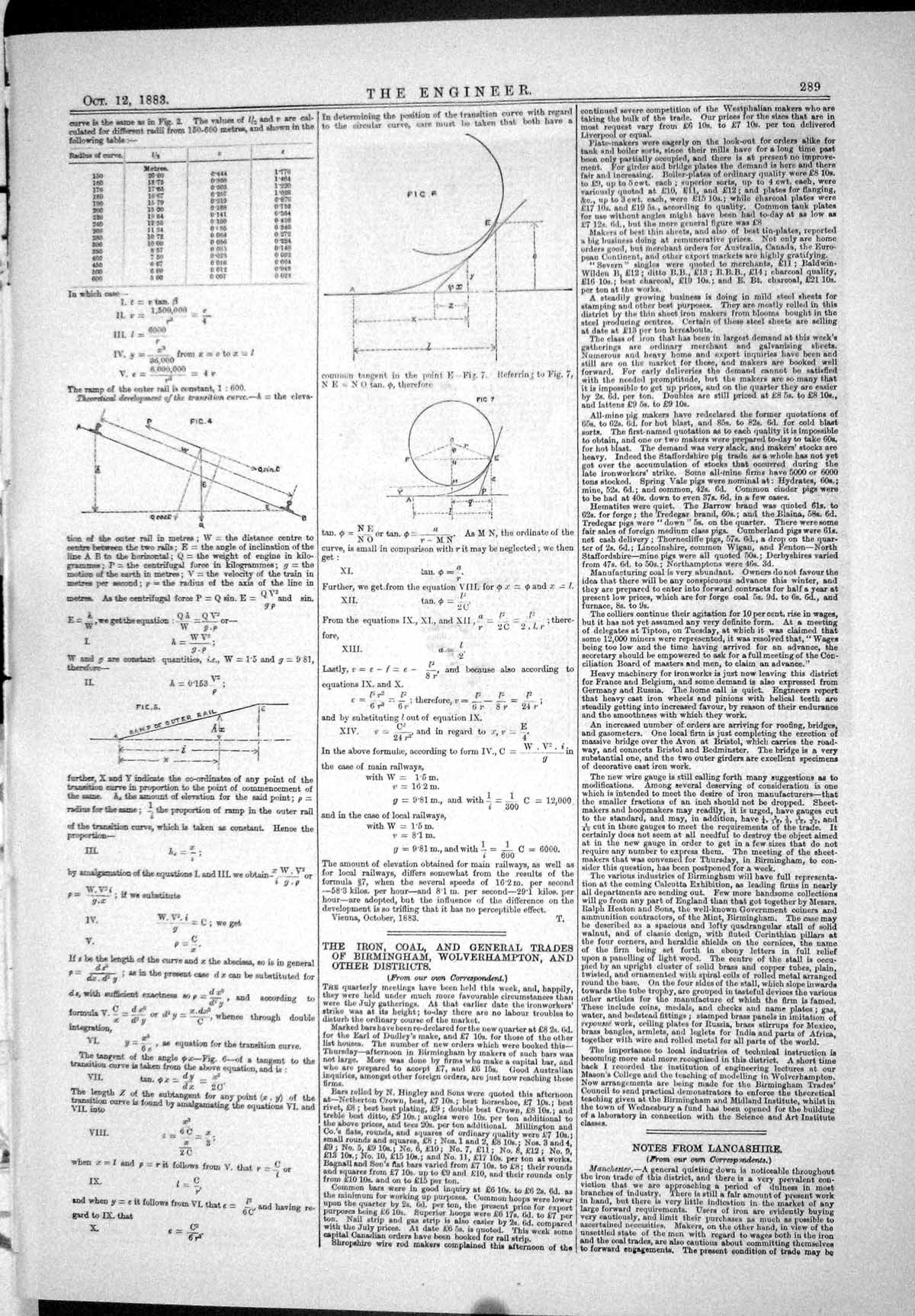 Antique Old Print Engineering 1883 Equations Radius Curve Geometry Railways