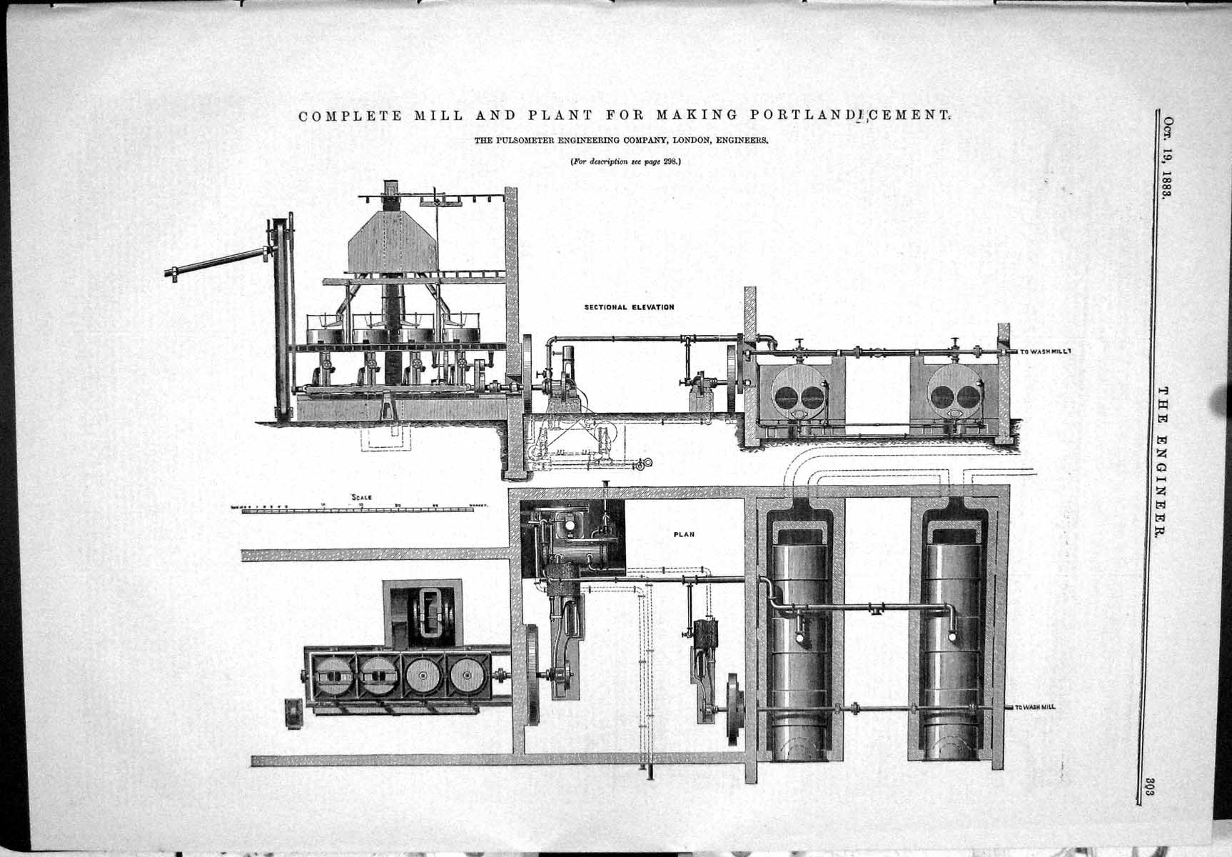 Antique Old Print Complete Mill Plant Making Portland Cement Pulsometer 1883