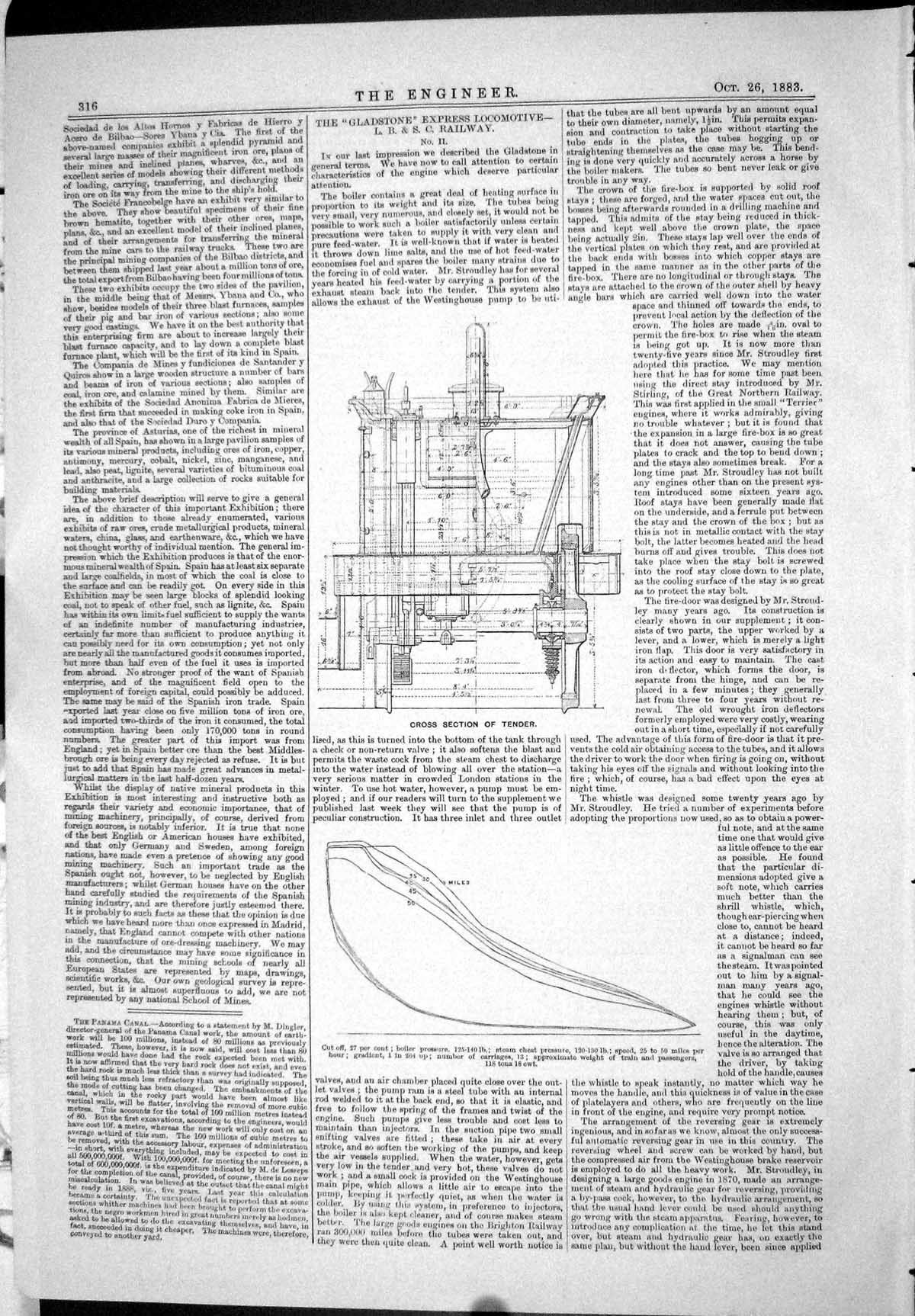Old Print 1883 Gladstone Express Locomotive Railway Cross Section Tender 19th