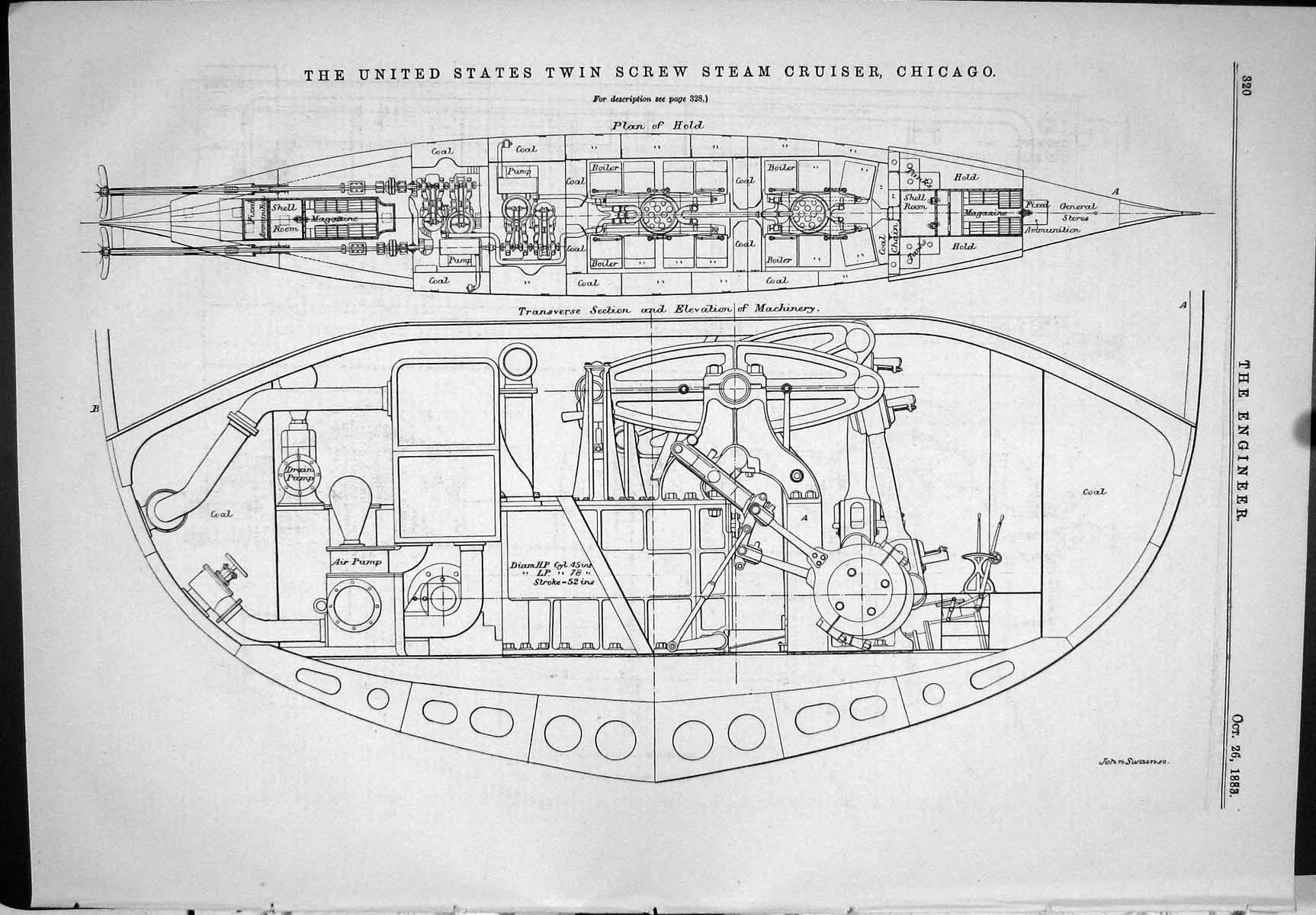 Antique Print United States Twin Screw Cruiser Chicago Plan HDiagrams 1883 19th