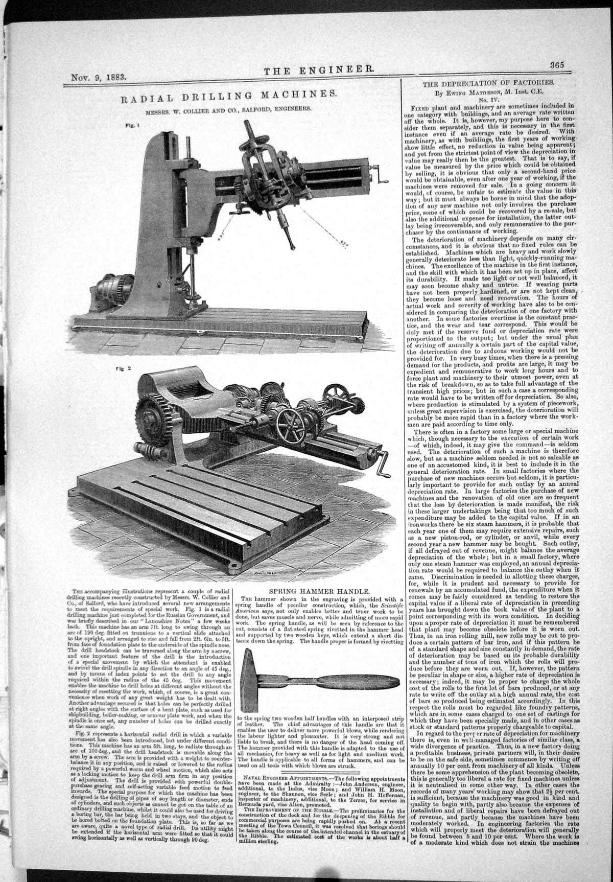 Antique Old Print Radial Drilling Machines 1883 Collier Spring Hammer Handle