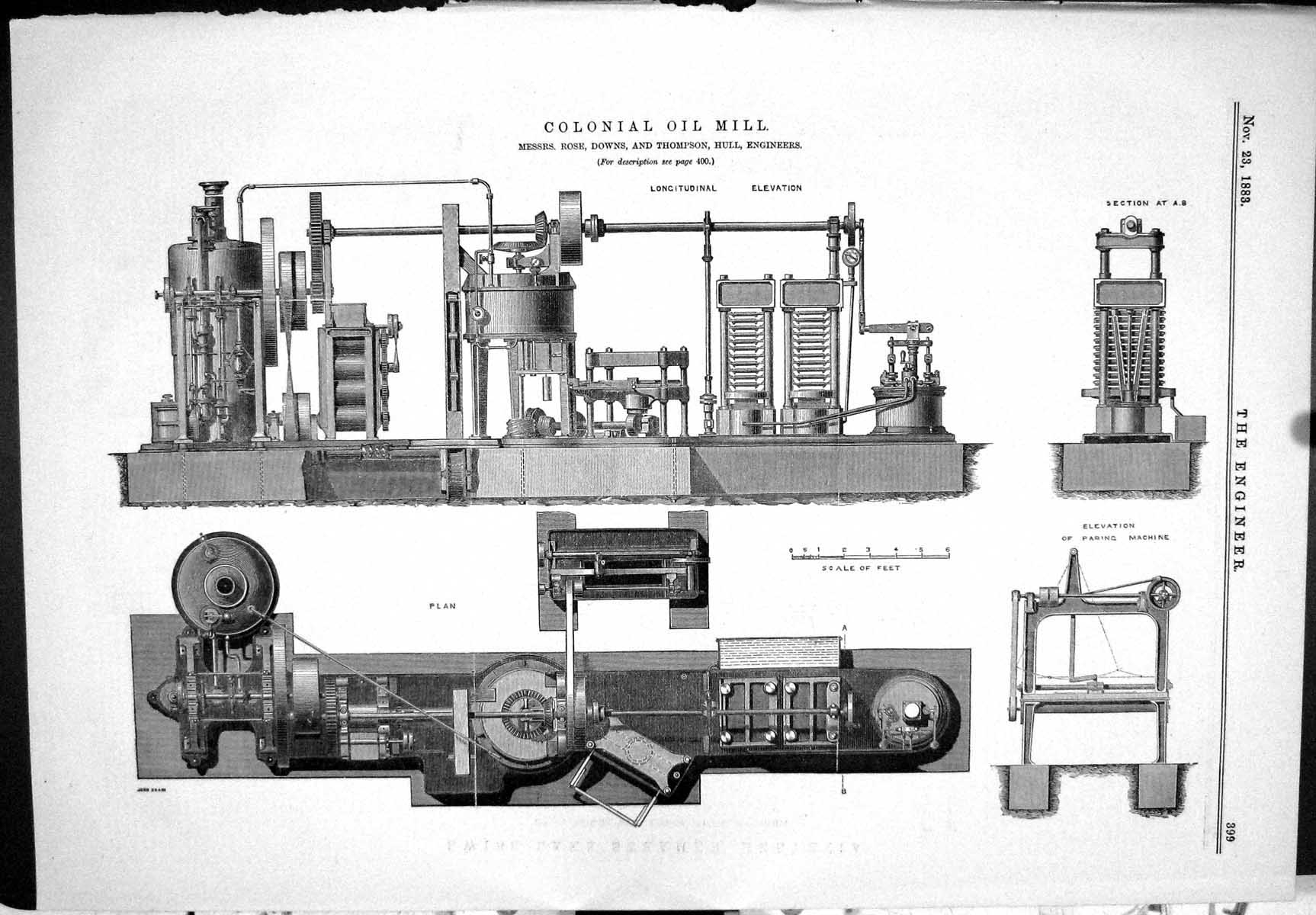 Antique Old Print 1883 Colonial Oil Mill Rose Downs Thompson Trough Conveyor