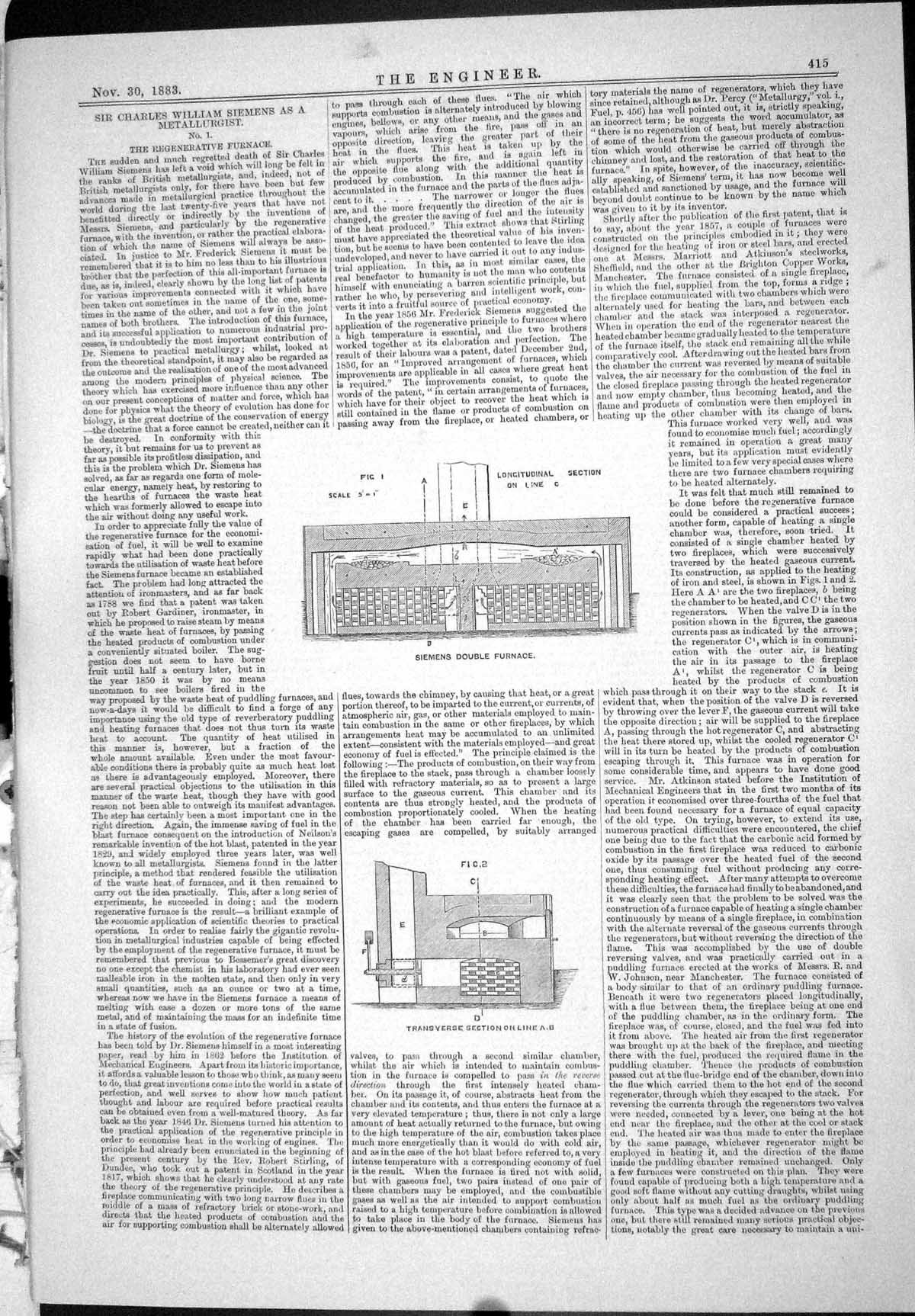 Old Print 1883 Siemens Double Furnace Transverse Section Charles William 19th