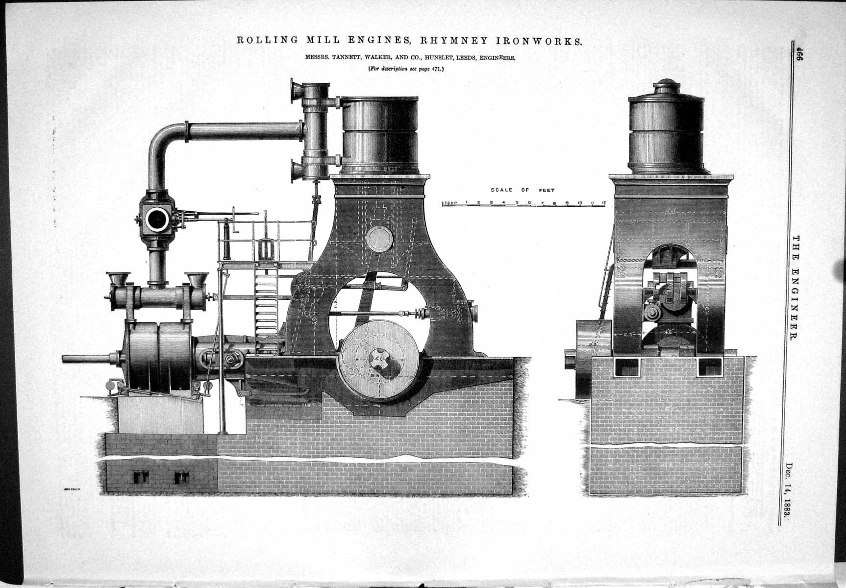 Antique Old Print 1883 Rolling Mill Engines Rhymney Ironworks Tannett Walker