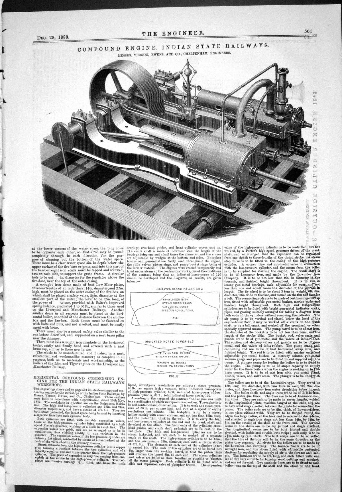 Old Print 1883 Compound Engine Indian Railways Vernon Ewens Tozer Tubing 19th