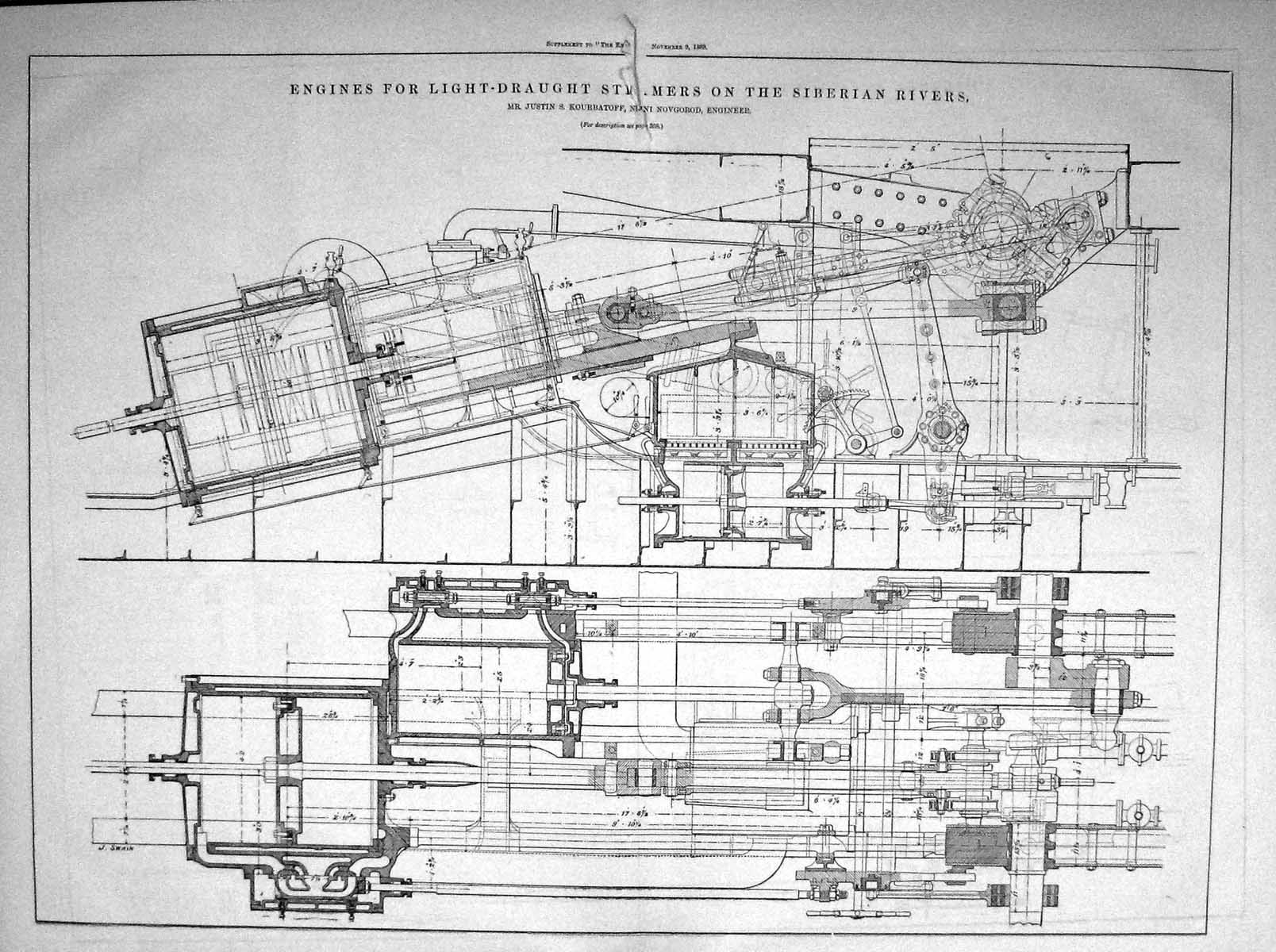 Old Print 1883 Engines Light-Draught Steamers Siberian Rivers Kourbatoff 19th