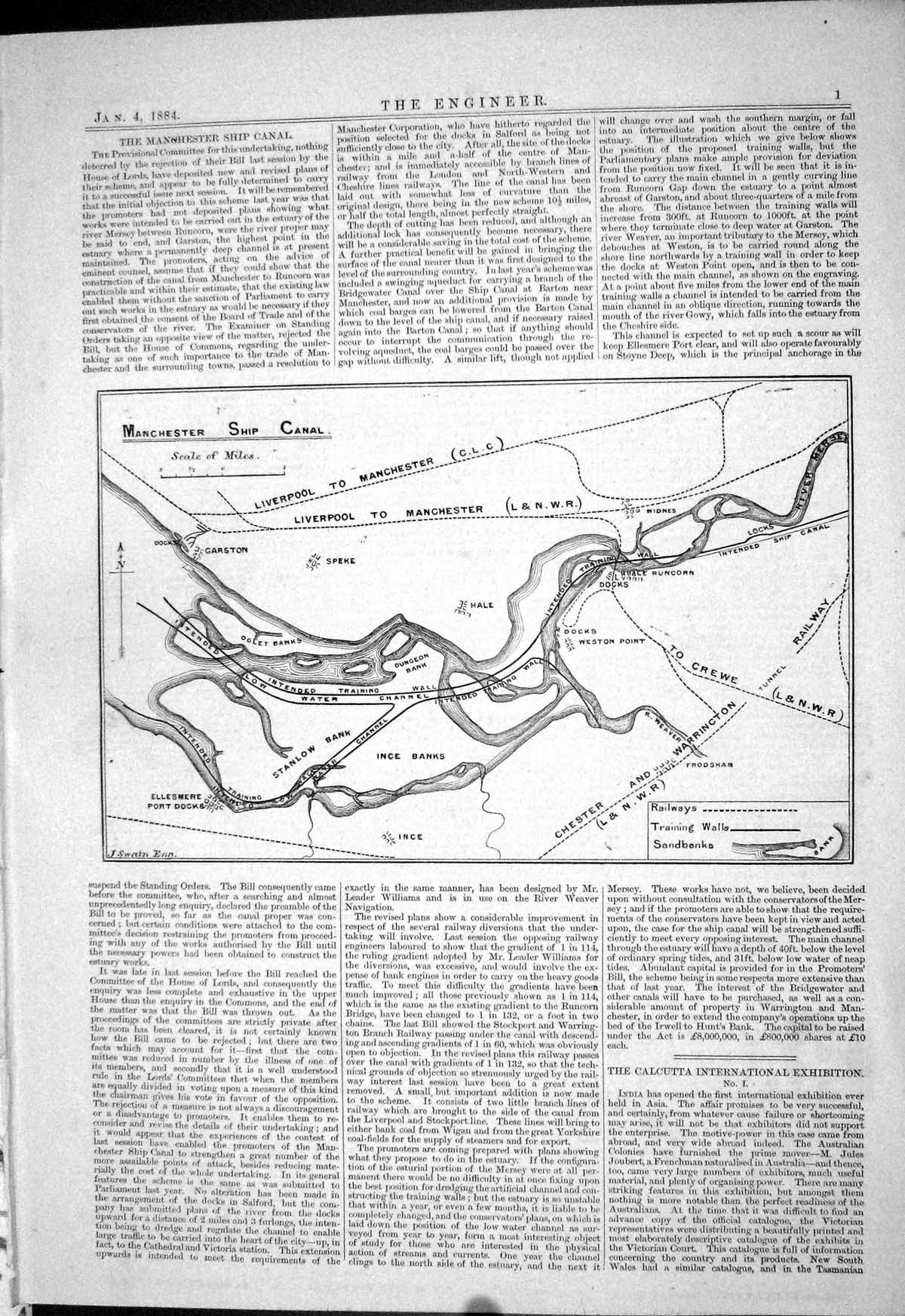 Old Engineering 1884 Map Manchester Ship Canal Railways Training Wall Victorian