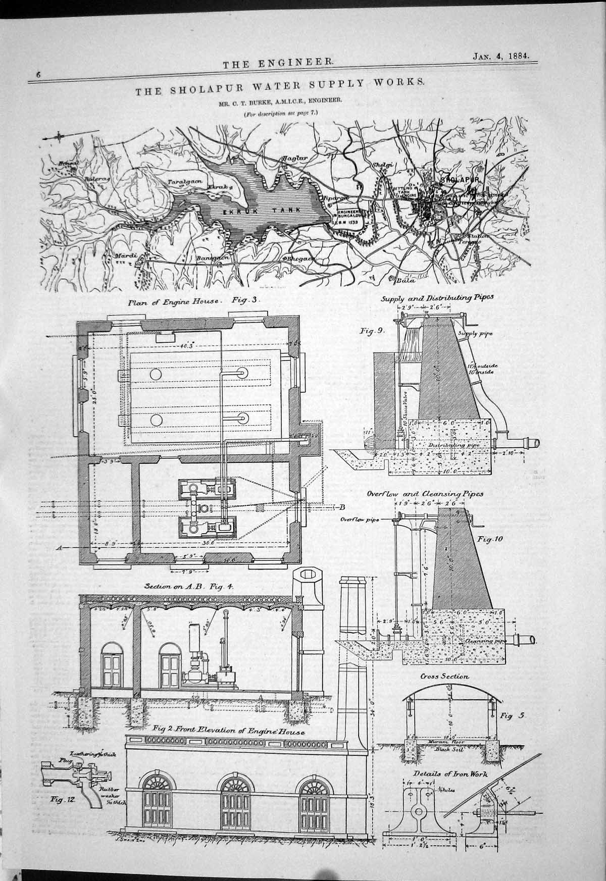 Old Engineering 1884 Sholapur Water Supply Works Plan Engine House Bu Victorian