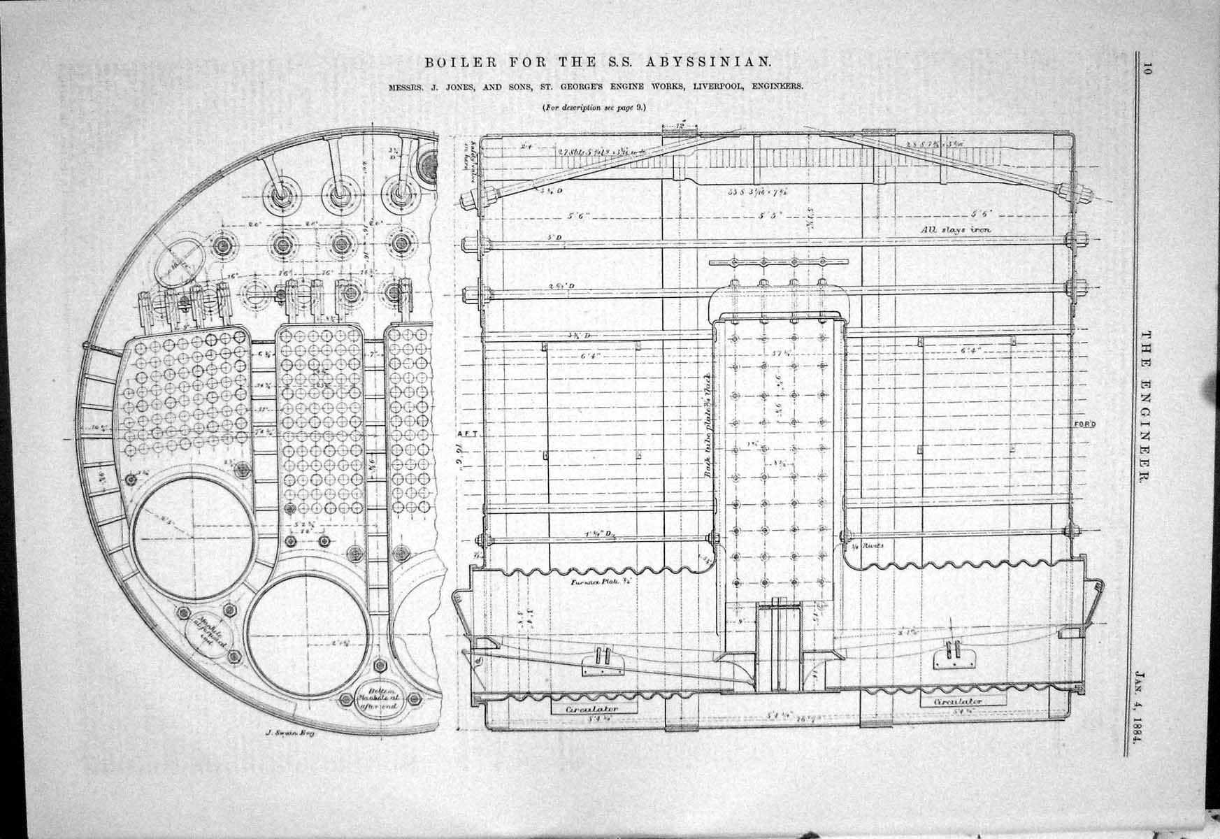 Antique Print 1884 Boiler Ship S.S. Abyssinian Jones George'S Engine Works 19th
