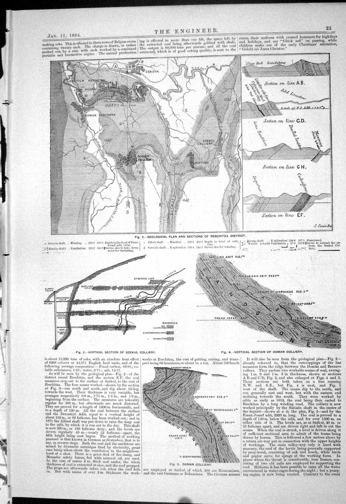 Old Engineering 1884 Geological Plan Reschitza Doman Colliery Safety Victorian