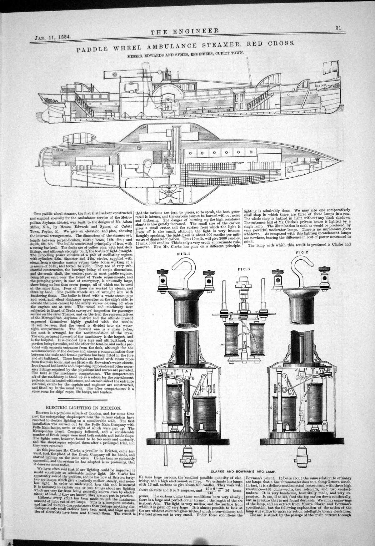 Antique Old Print 1884 Paddle Wheel Ambulance Steamer Red Cross Edwards Clark