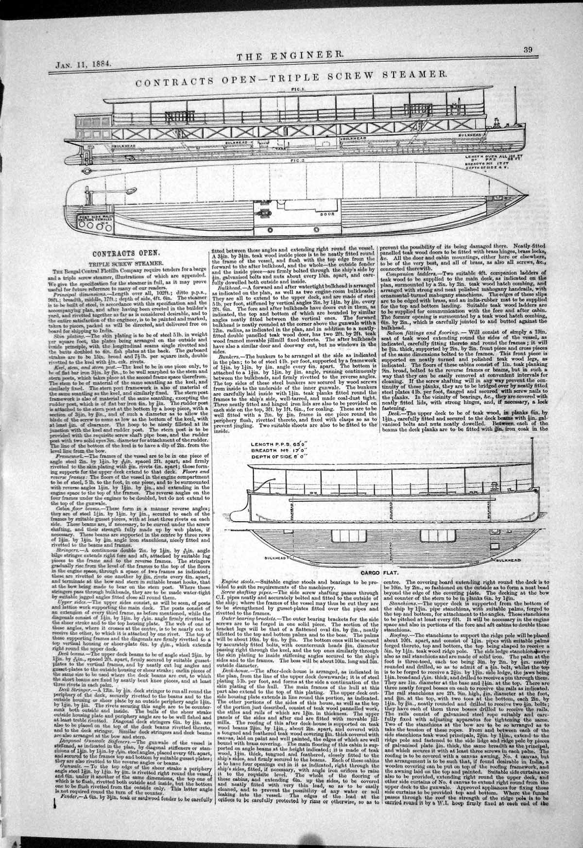 Old Engineering 1884 Contracts Open Triple Screw Steamer Cargo Flat B Victorian