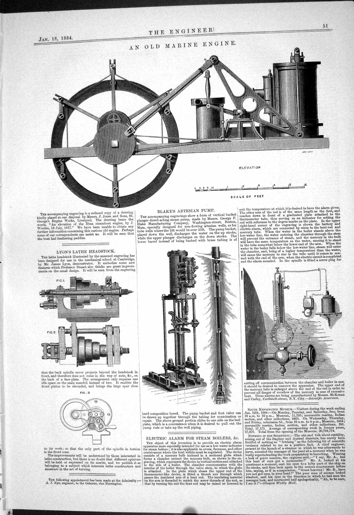 Antique Old Print 1884 Marine Engine Lyon Lathe Blake Artesian Pump Boilers