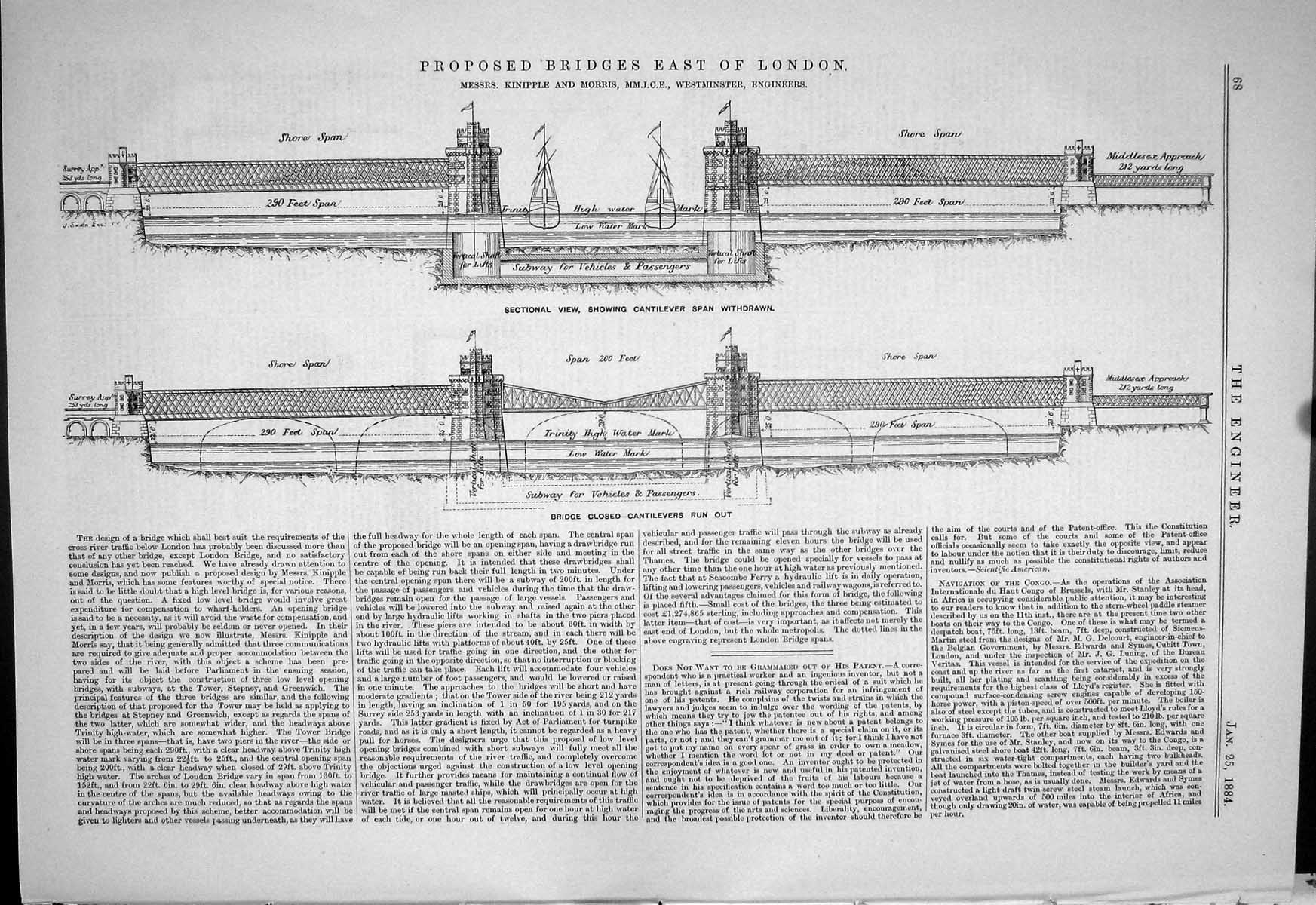 Antique Old Print 1884 Proposed Bridge London Kinipple Morris Cantilever Span