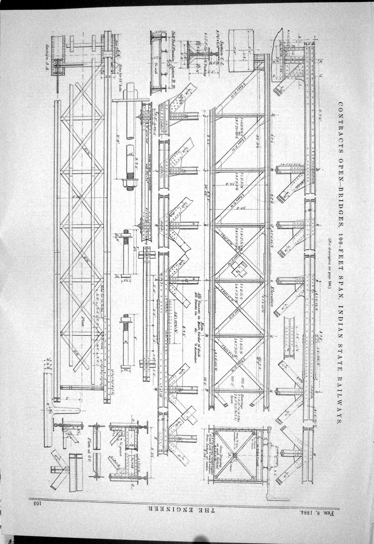 Antique Old Print 1884 Contracts Open Bridges Indian State Railways Diagrams