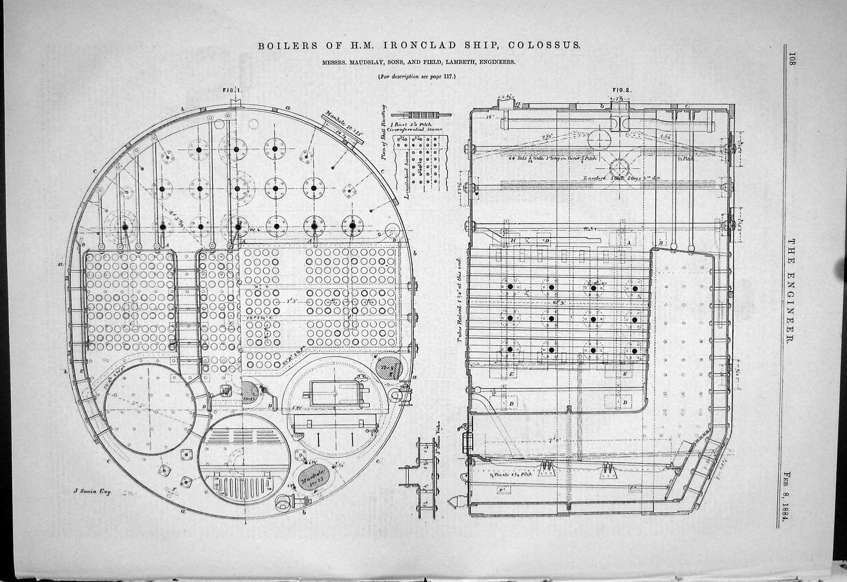 Old Print 1884 Boilers H.M. Ironclad Ship Colossus Maudslay Field Lambeth 19th