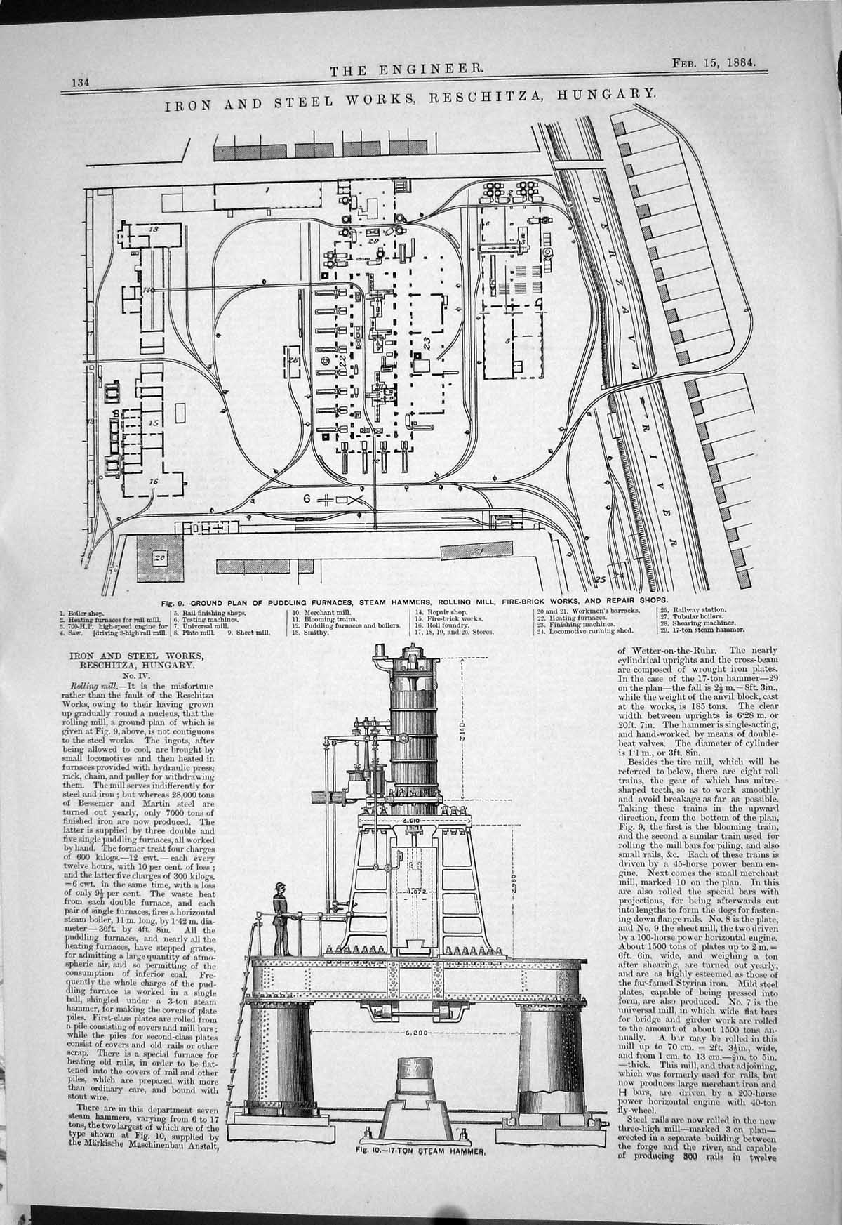Antique Print 1884 Iron Steel Works Reschitza Hungary Furnaces Steam Hammer