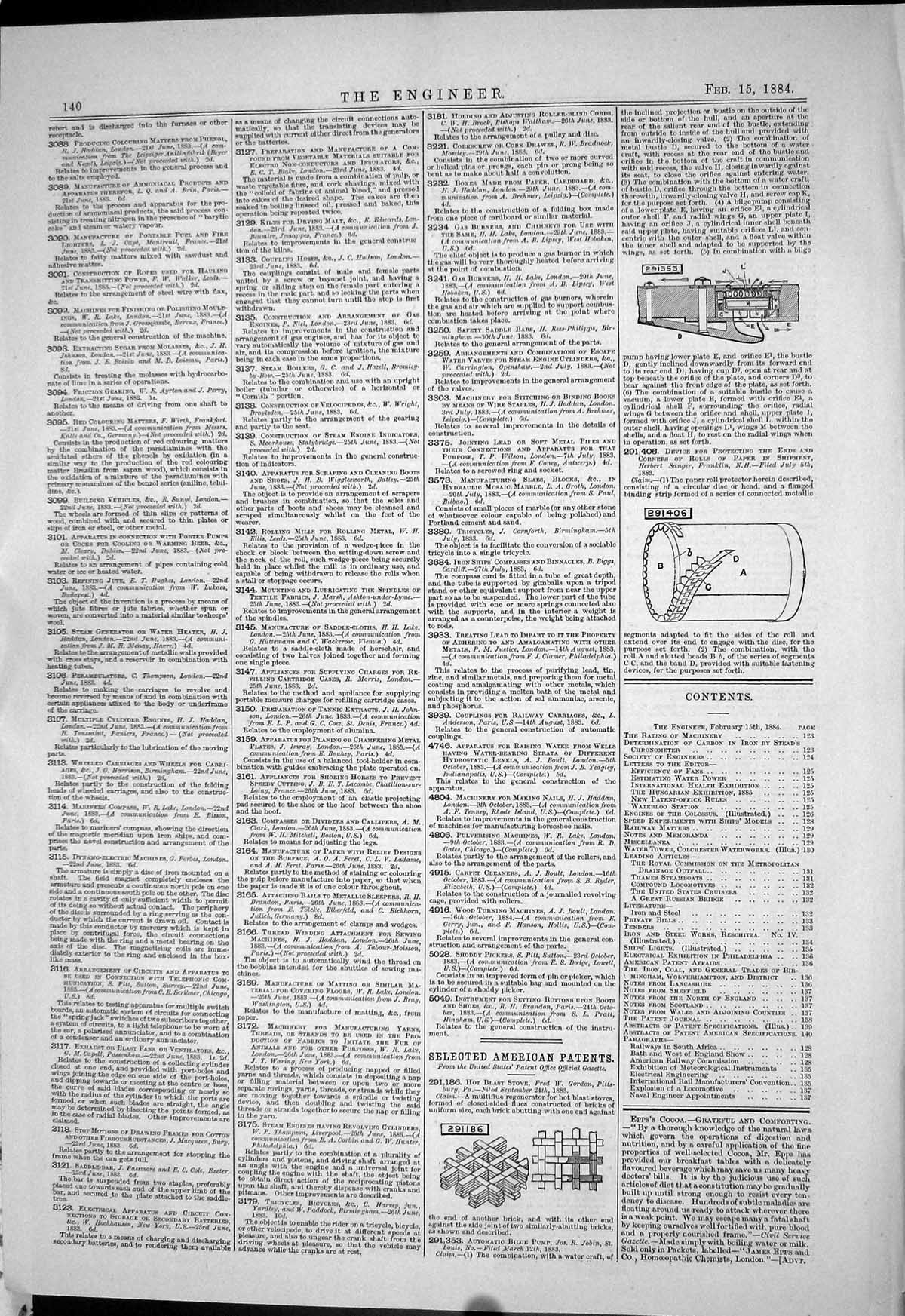 Antique Print 1884 American Patents Hot Blas Stove Fred Gordon Sanger Louis