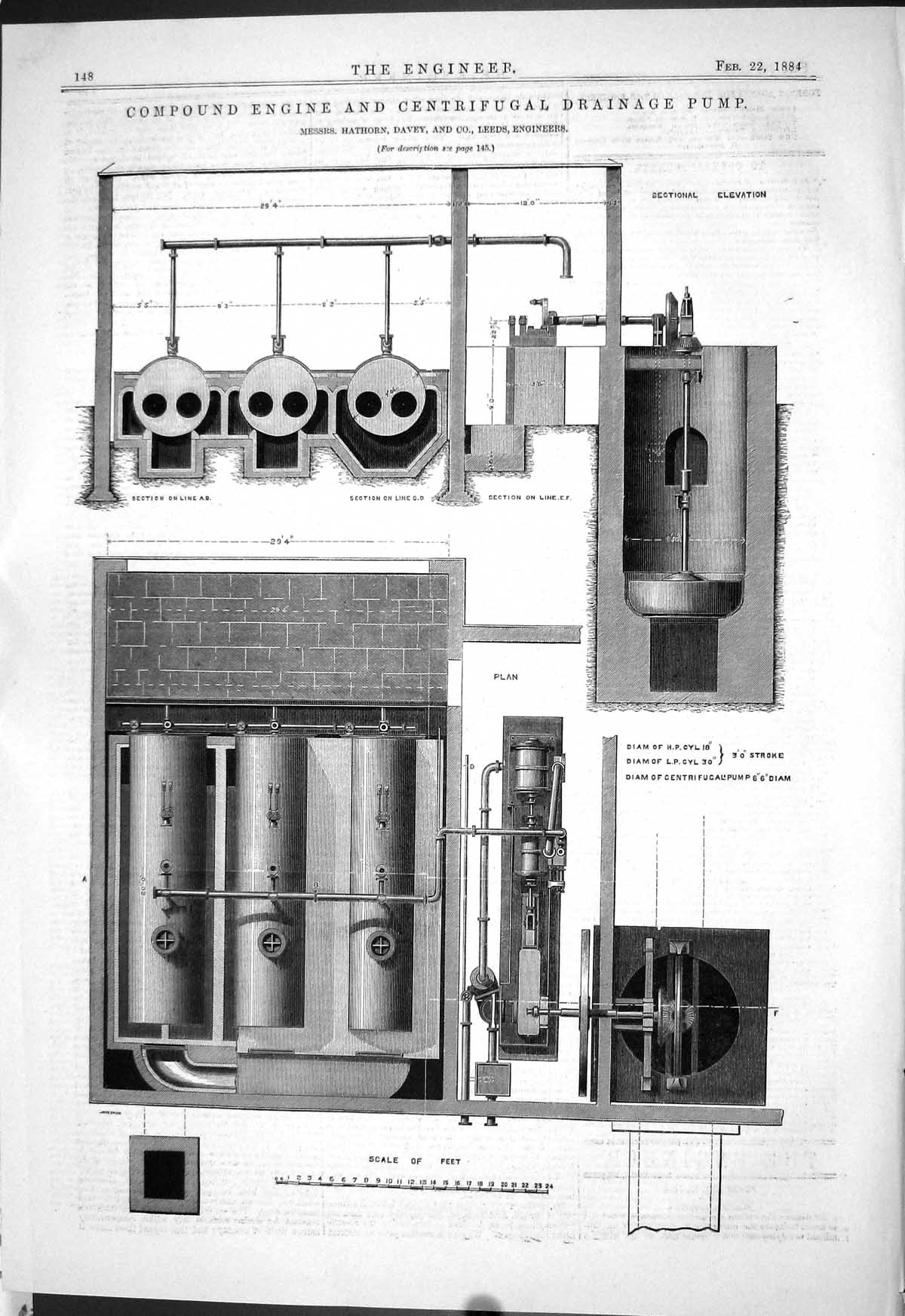 Antique Old Print 1884 Compound Engine Cetrifugal Drainage Pump Hathorn Davey