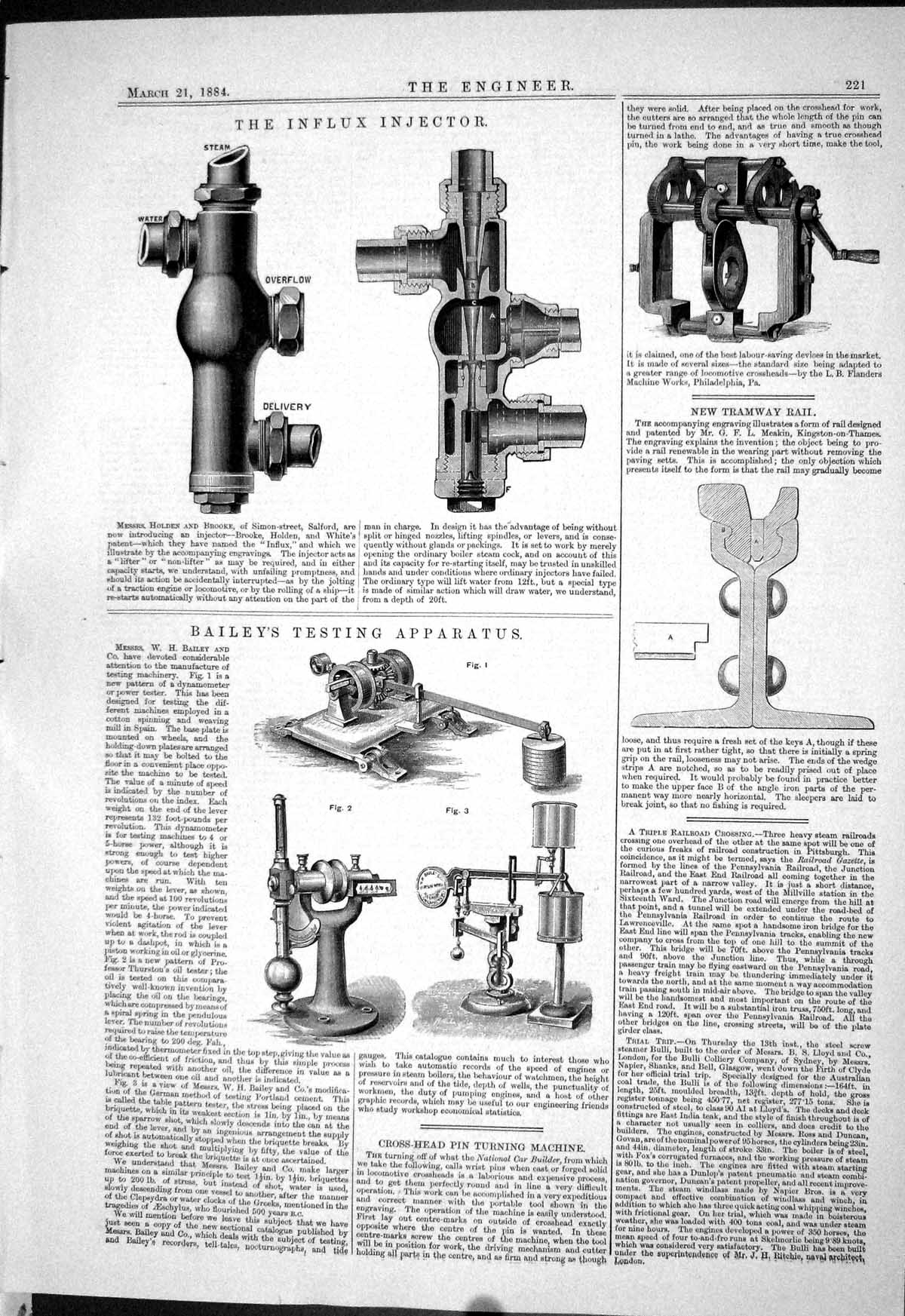 Antique Old Print 1884 Influx Injector Bailey Testing Apparatus Tramway Rail