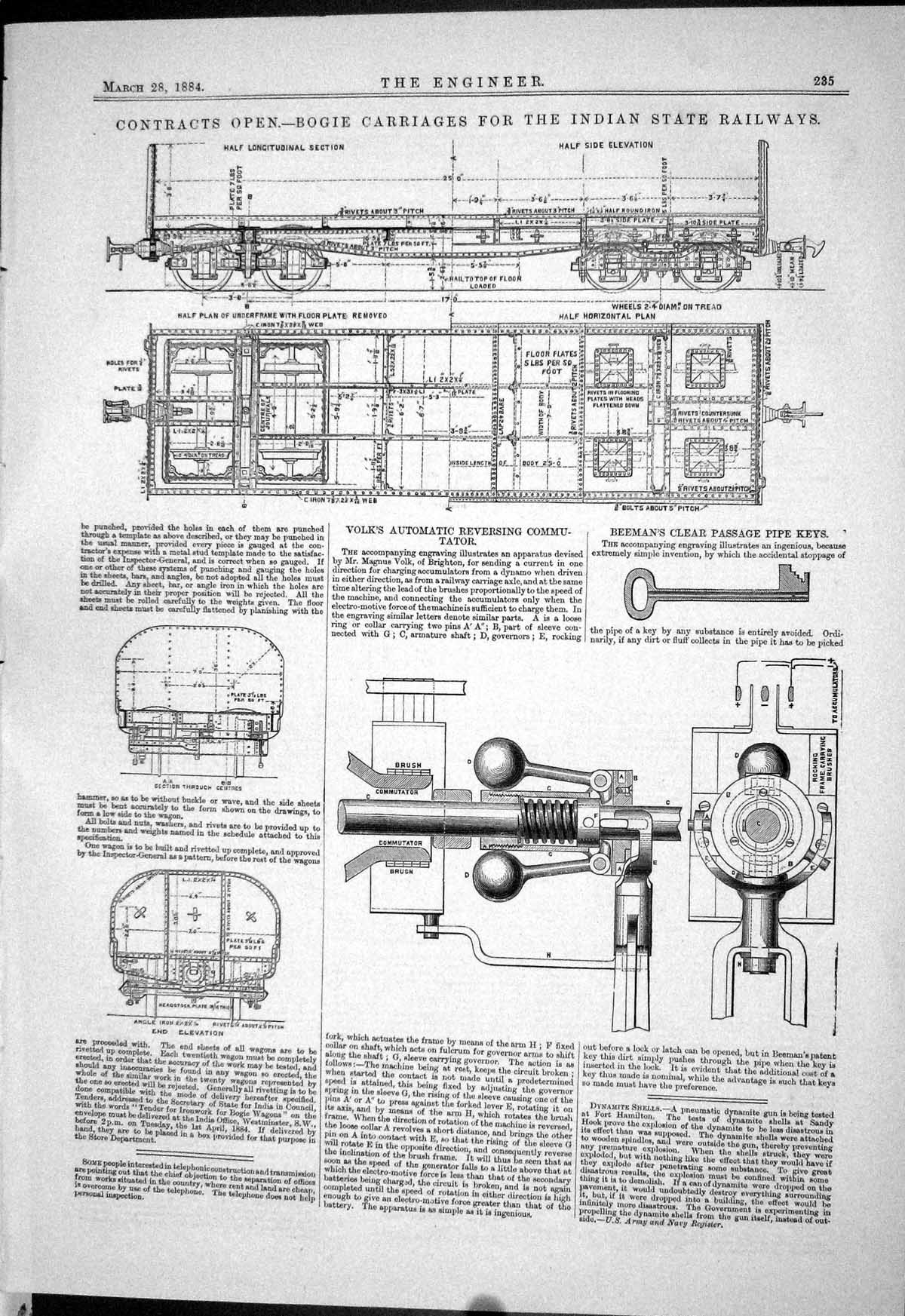 Antique Old Print 1884 Bogie Carriages Indian Railway Trains Volk Commutator
