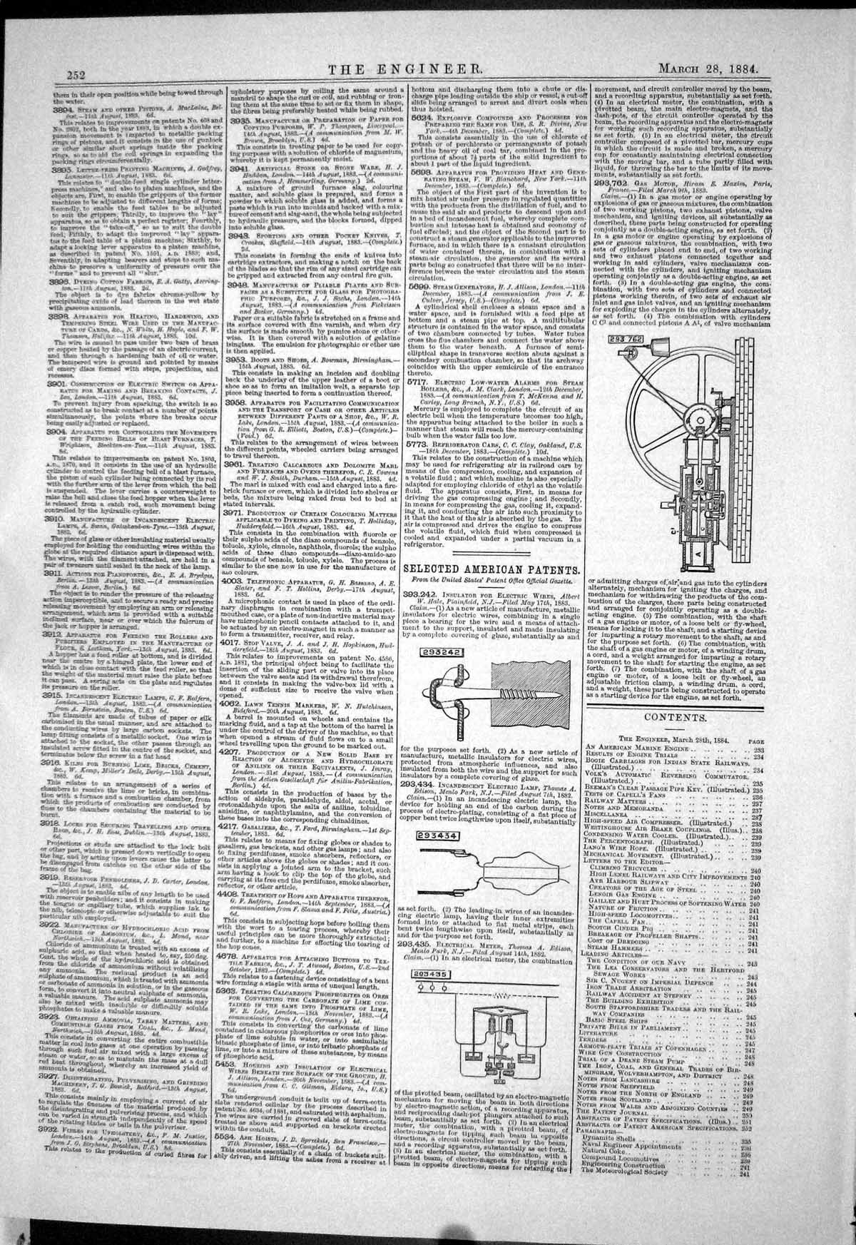Antique Print 1884 American Patents Albert Hale Edison Lamp Gas Motor Maxim