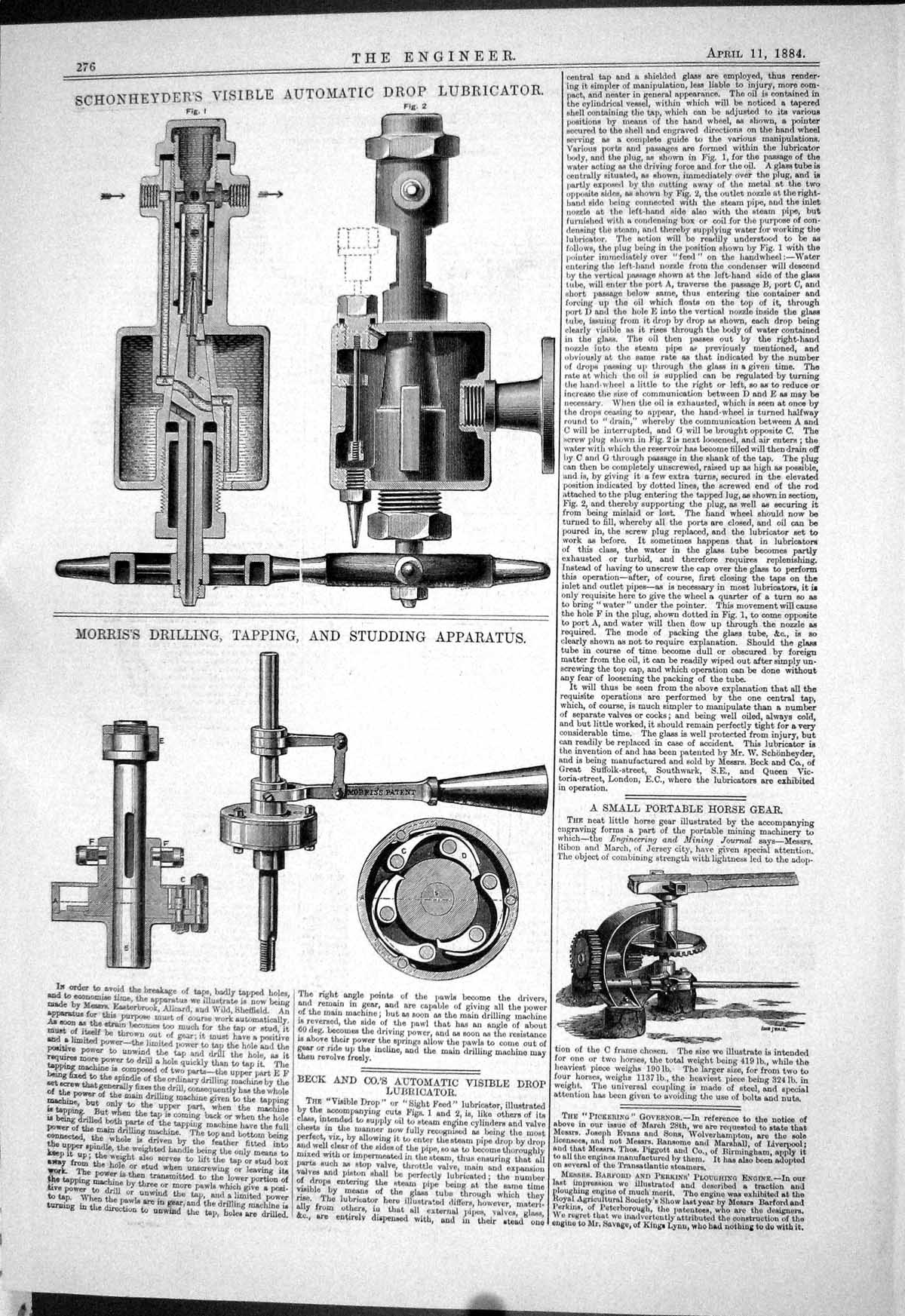 Old Print 1884 Schonheyder Visible Automatic Drop Lubricator Morris Gear 19th