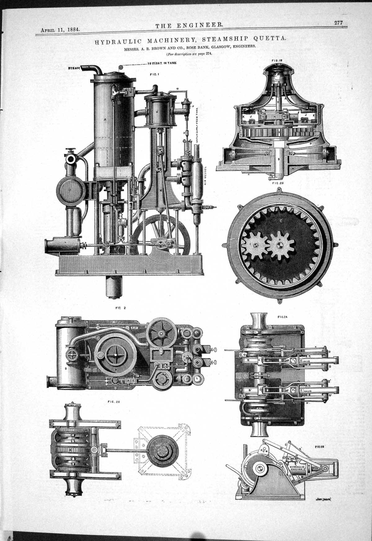 Old Engineering 1884 Hydraulic Machinery Steam Ship Quetta Brown Glas Victorian