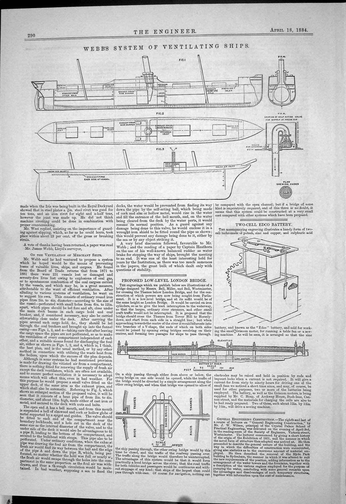 Old Print 1884 Webb System Ventilating Ships Two-Cell Edco Battery Bridge 19th
