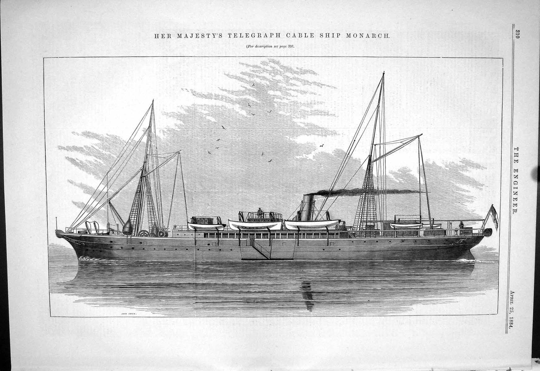 Old Antique Print Engineering 1884 Her Majesty Queen Cable Ship Monarch 19th