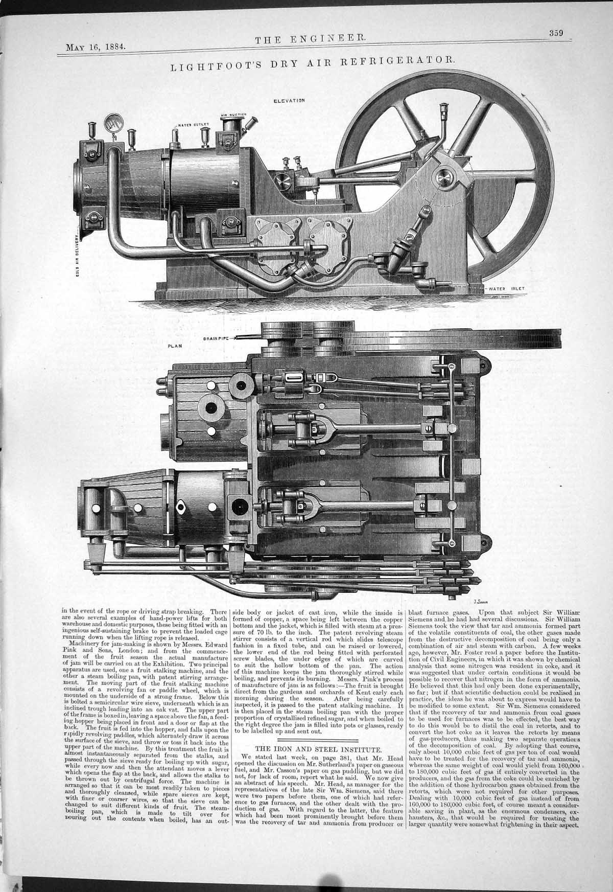 Antique Old Print Lightfoot Dry Air Refrigerator Machinery Engineering 1884