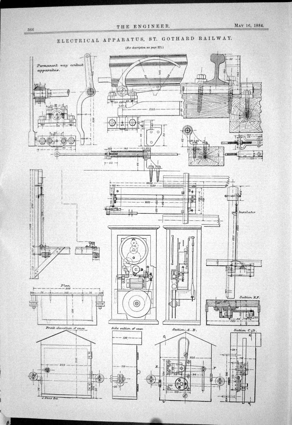 Old Print 1884 Electrical Apparatus St. Gothard Mountain Railway Diagrams 19th