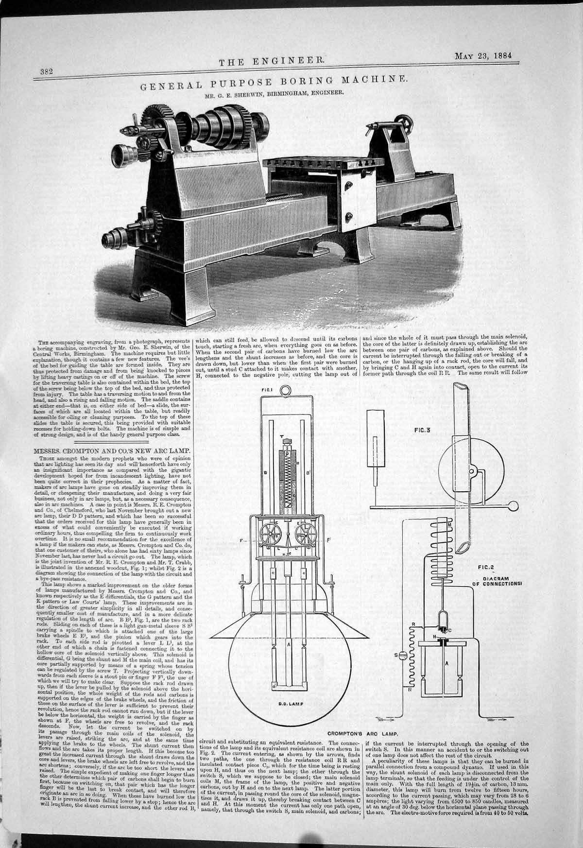 Antique Print 1884 General Purpose Boring Machine Sherwin Crompton Arc Lamp