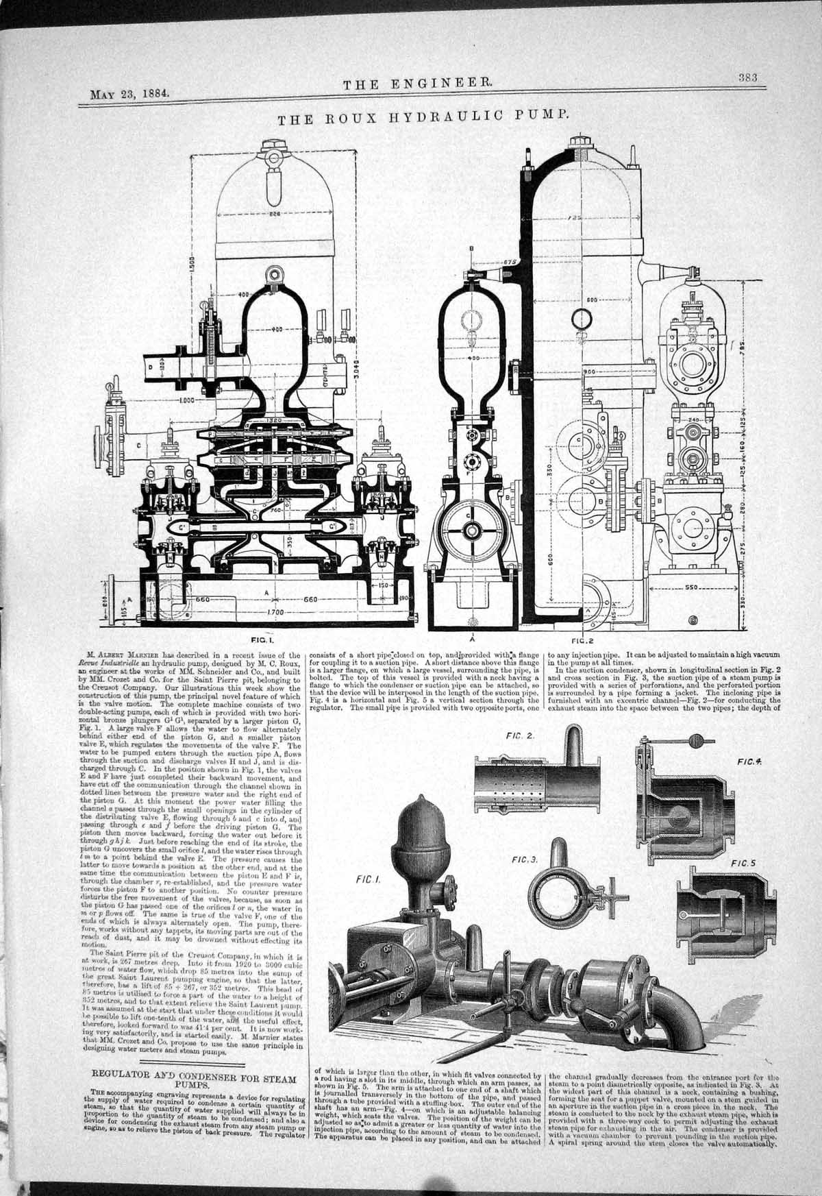 Old Print Engineering 1884 Roux Hydraulic Pump Regulator Condenser Steam 19th