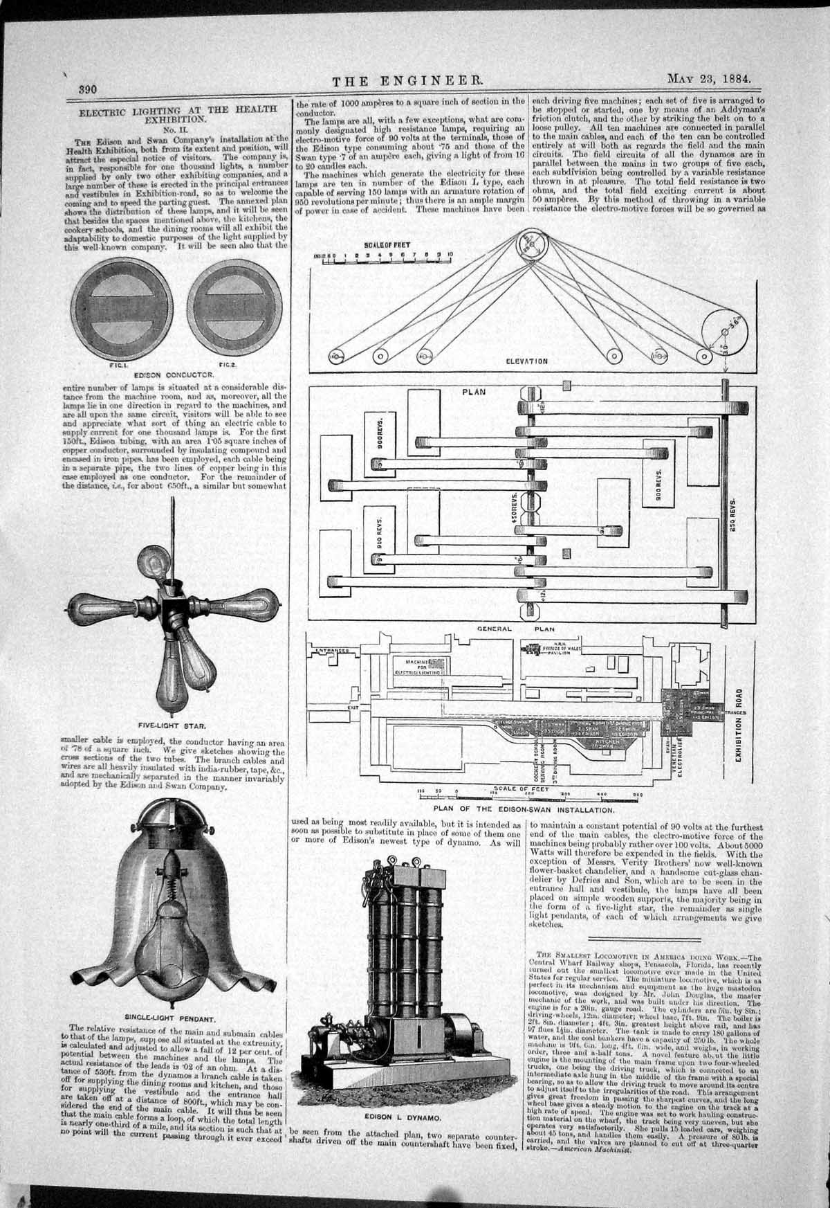 Antique Old Print 1884 Electric Lighting Edison Swan Five-Light Star Pendant